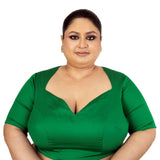 Green Plus Size Premium Cotton Silk Blouse with Queen Anne Neckline - Anvi Couture