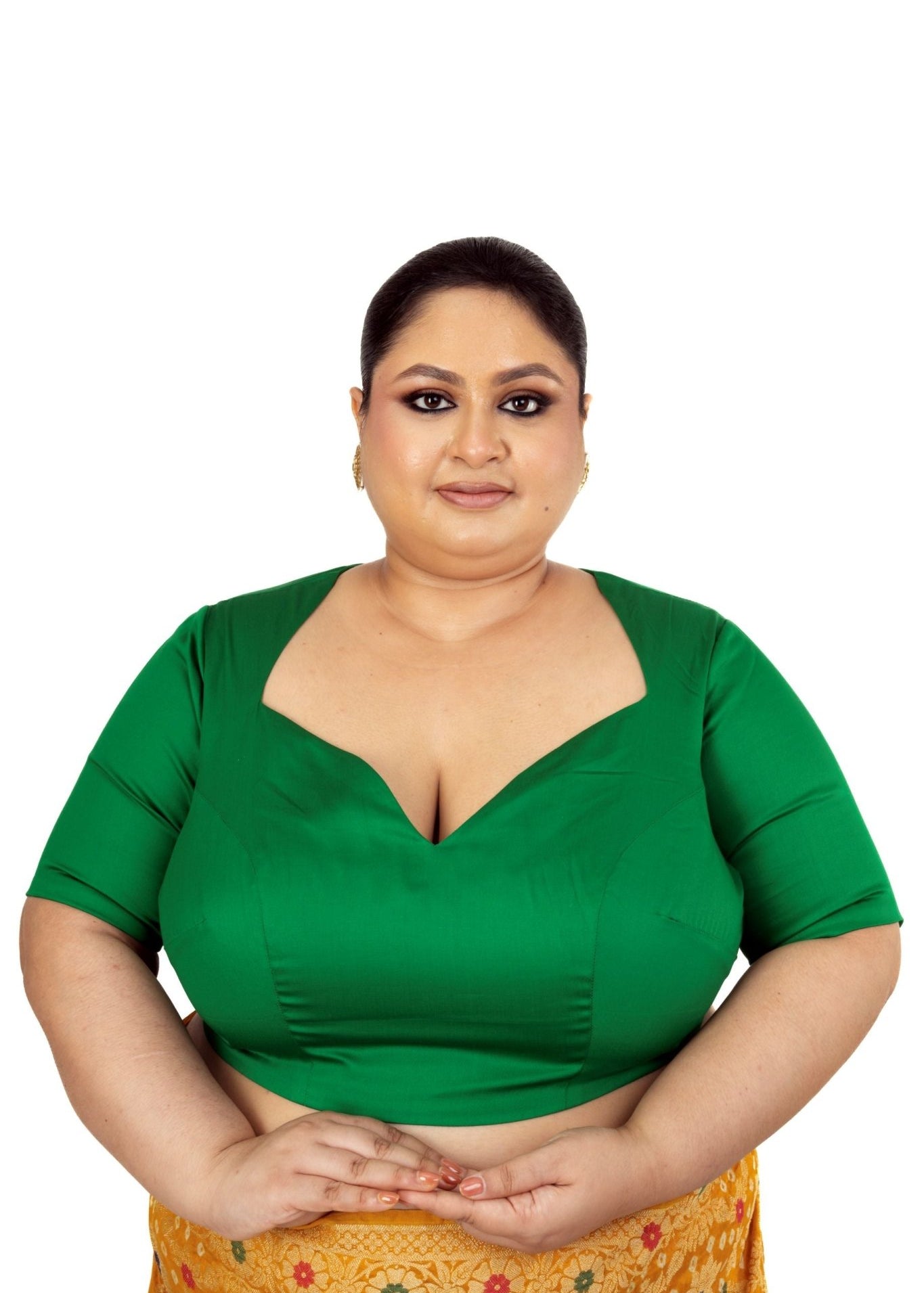 Green Plus Size Premium Cotton Silk Blouse with Queen Anne Neckline - Anvi Couture
