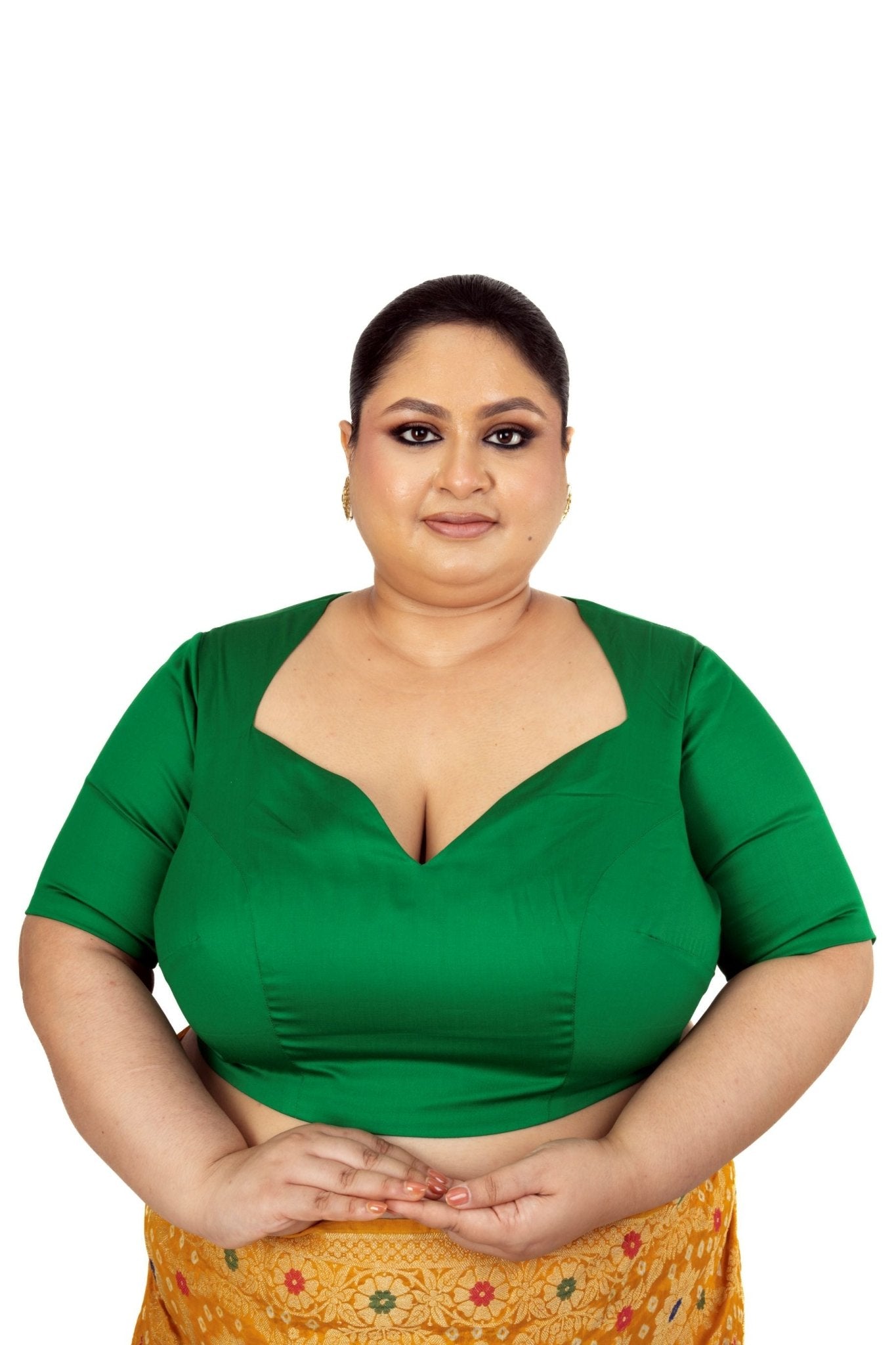 Green Plus Size Premium Cotton Silk Blouse with Queen Anne Neckline - Anvi Couture