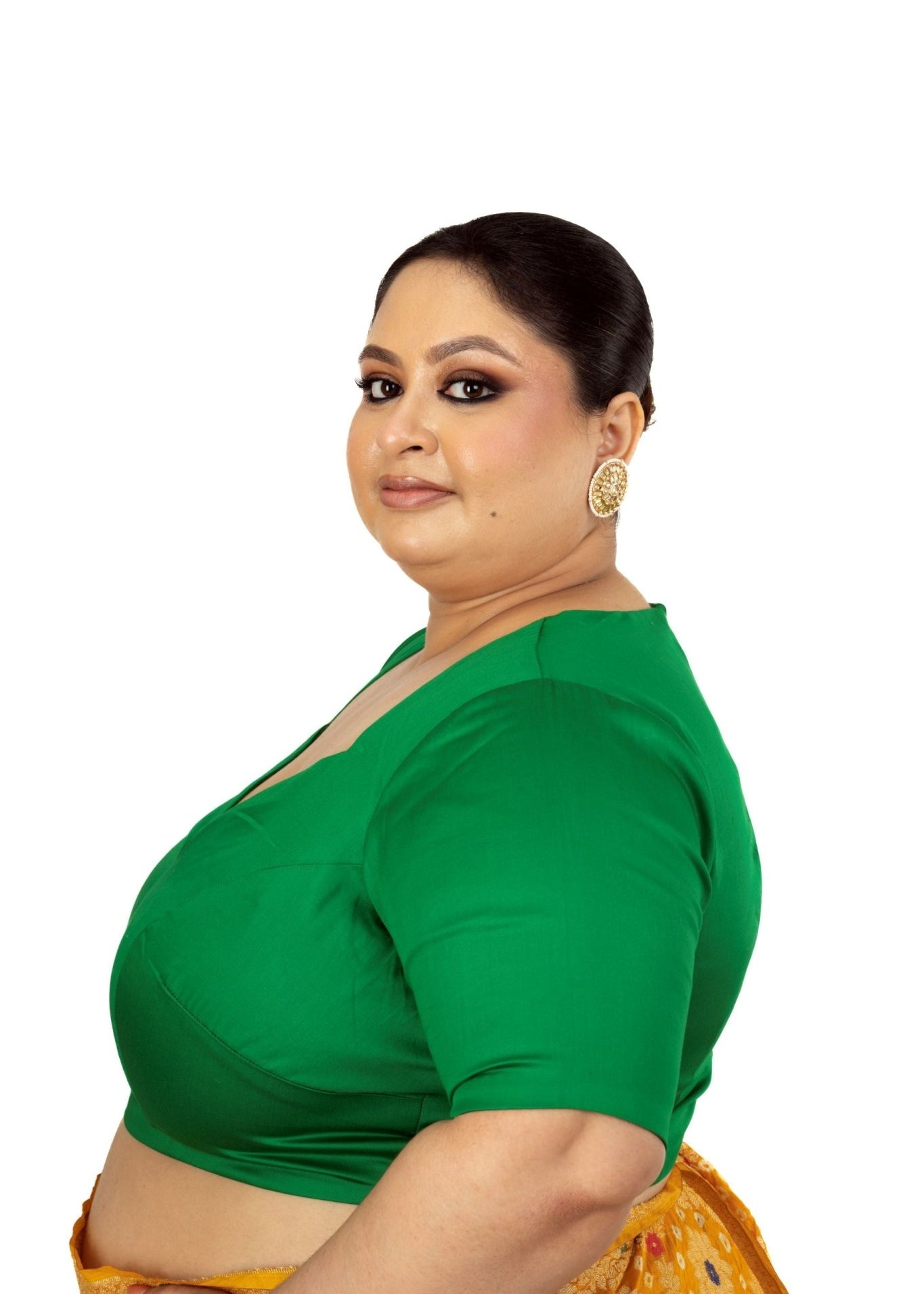 Green Plus Size Premium Cotton Silk Blouse with Queen Anne Neckline - Anvi Couture