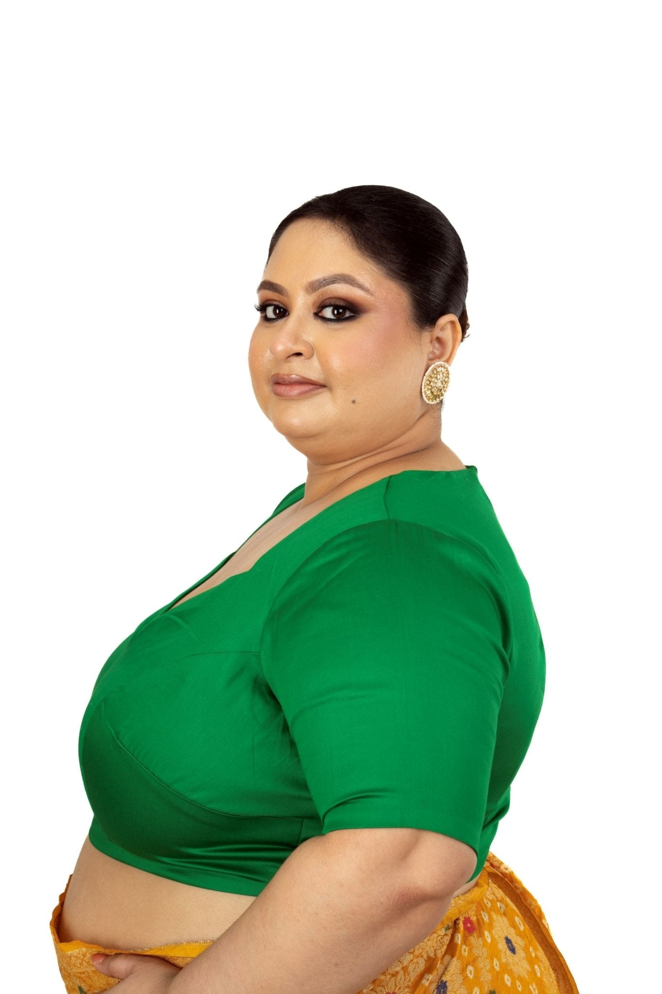Green Plus Size Premium Cotton Silk Blouse with Queen Anne Neckline - Anvi Couture