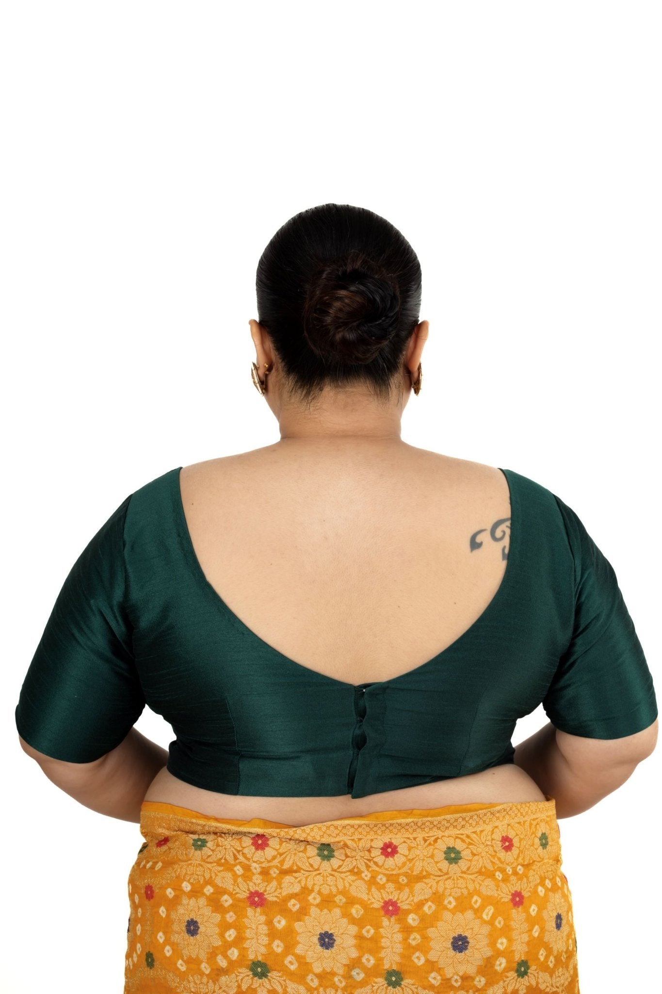 Dark Green Plus Size Silk Blouse with Sweetheart Neckline - Anvi Couture