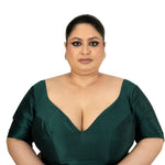 Dark Green Plus Size Silk Blouse with Sweetheart Neckline - Anvi Couture