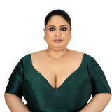 Dark Green Plus Size Silk Blouse with Sweetheart Neckline - Anvi Couture