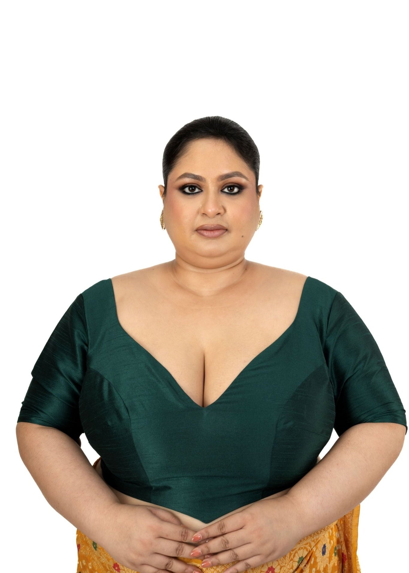 Dark Green Plus Size Silk Blouse with Sweetheart Neckline - Anvi Couture