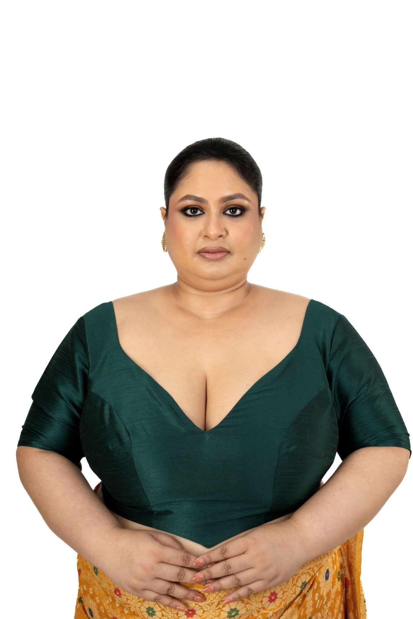 Dark Green Plus Size Silk Blouse with Sweetheart Neckline - Anvi Couture