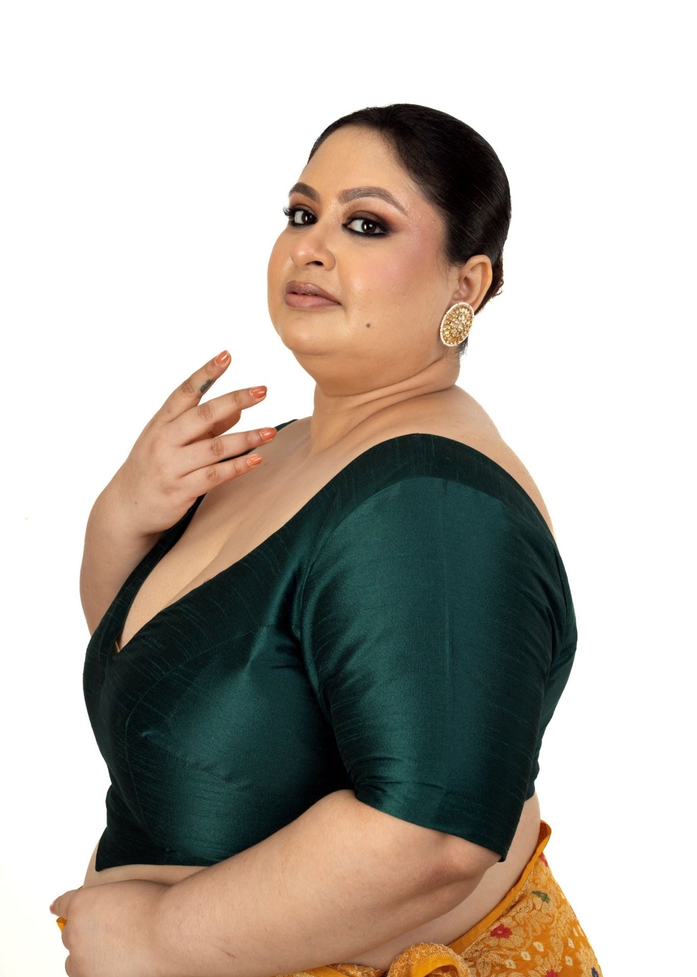 Dark Green Plus Size Silk Blouse with Sweetheart Neckline - Anvi Couture