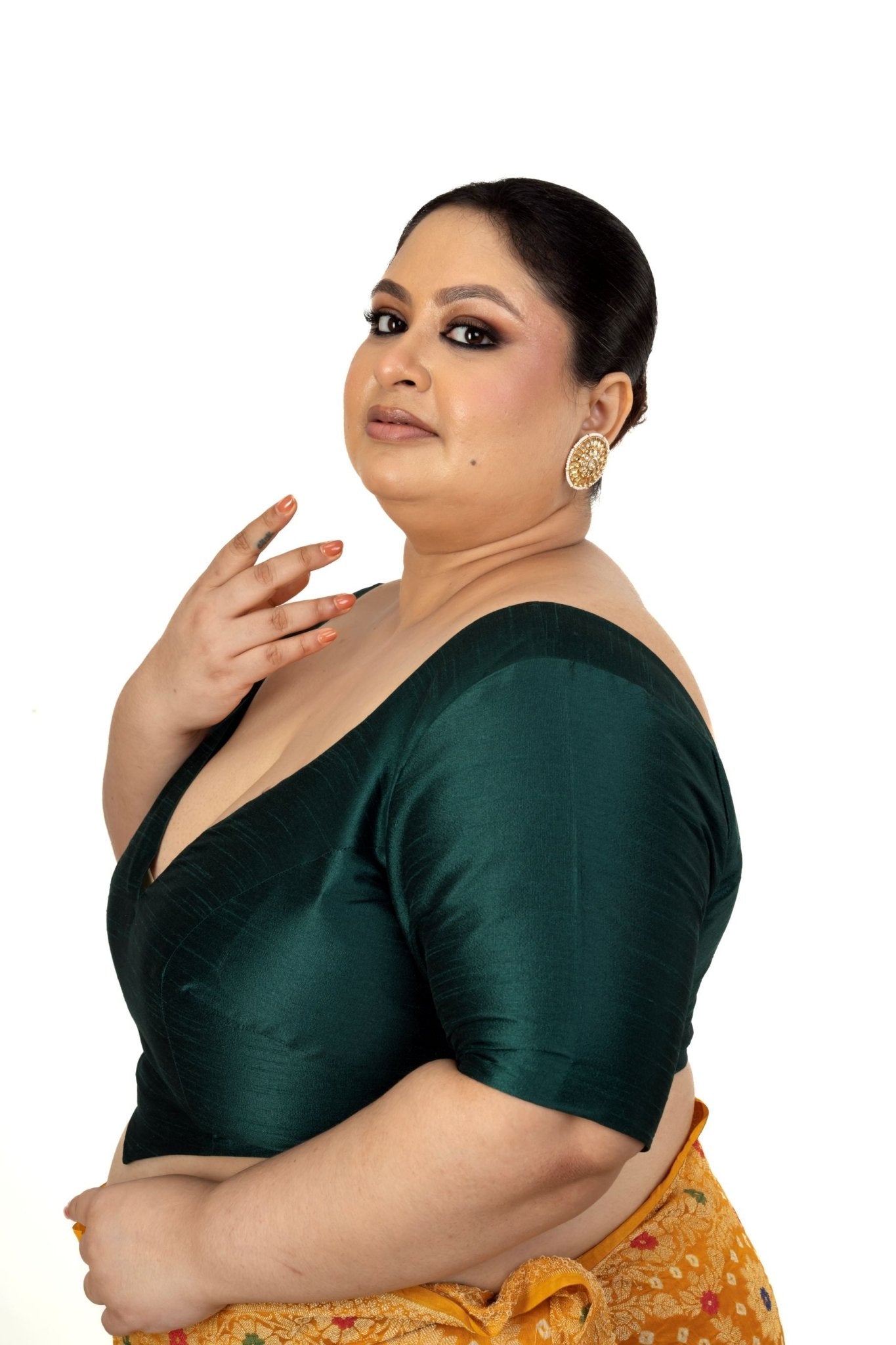 Dark Green Plus Size Silk Blouse with Sweetheart Neckline - Anvi Couture