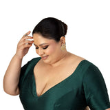 Dark Green Plus Size Silk Blouse with Sweetheart Neckline - Anvi Couture