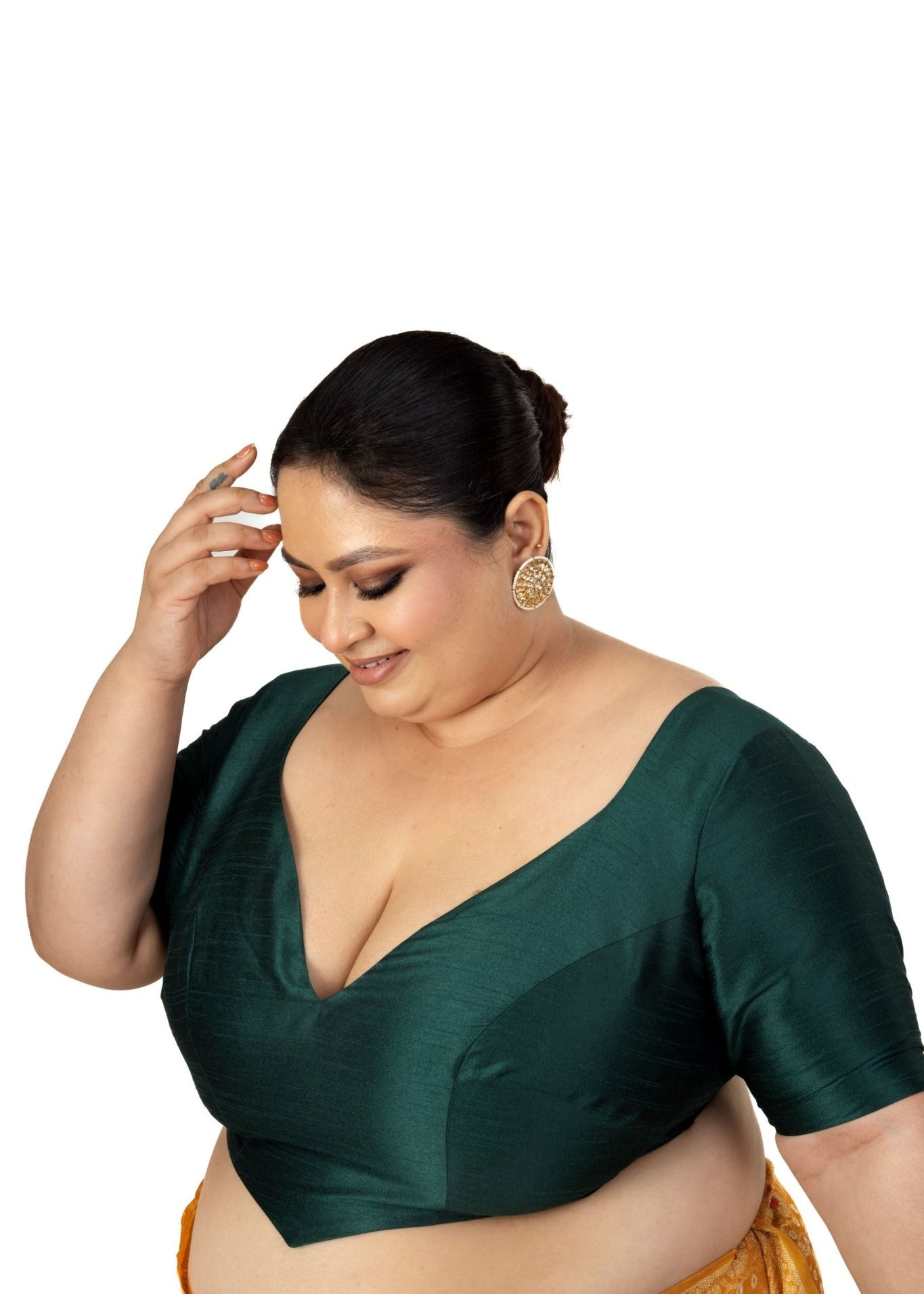 Dark Green Plus Size Silk Blouse with Sweetheart Neckline - Anvi Couture