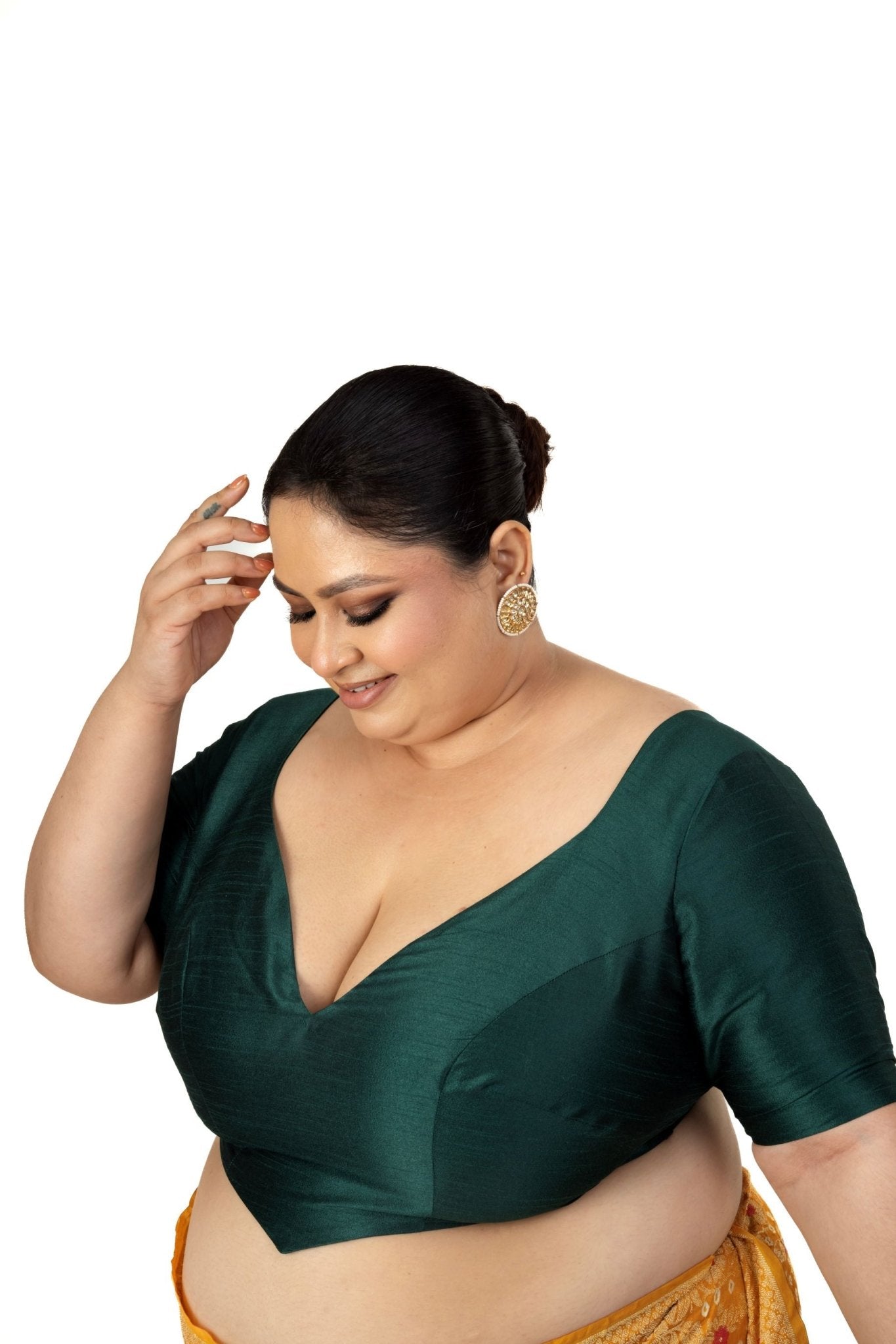 Dark Green Plus Size Silk Blouse with Sweetheart Neckline - Anvi Couture