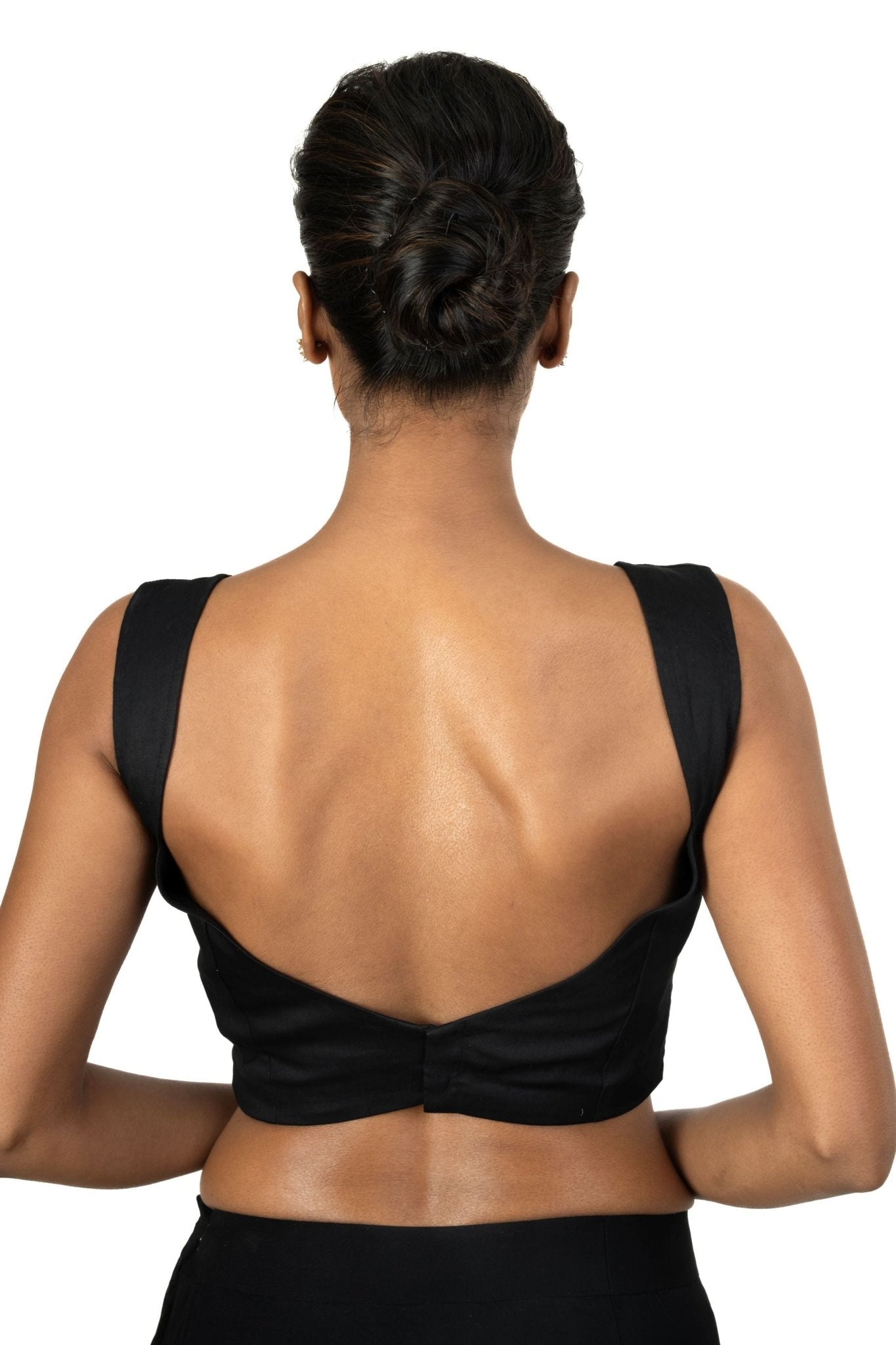 Black Cotton Silk Sleeveless Blouse with Queen Anne Neckline - Anvi Couture