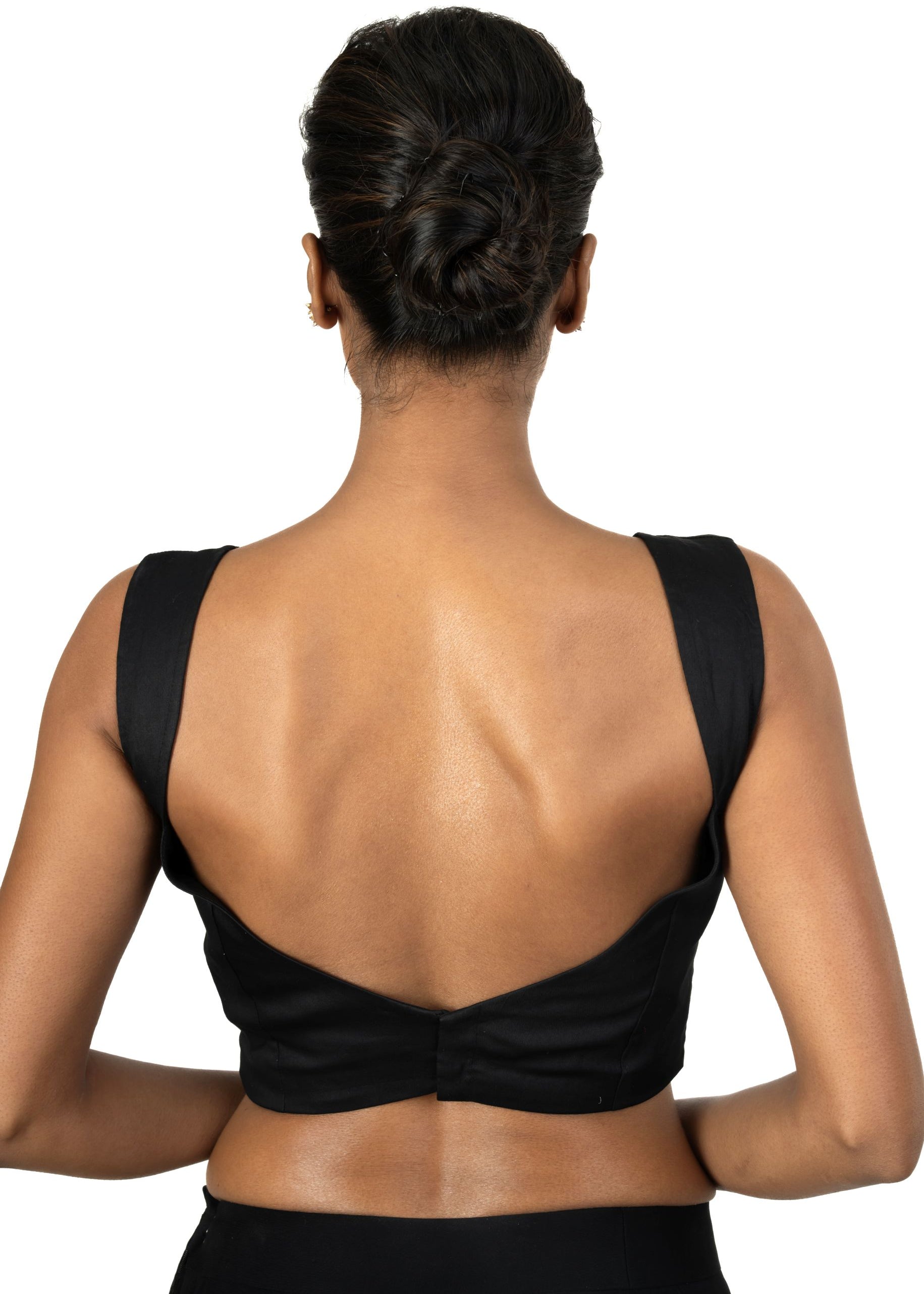 Black Cotton Silk  Sleeveless Blouse with  Queen Anne Neckline - image 4