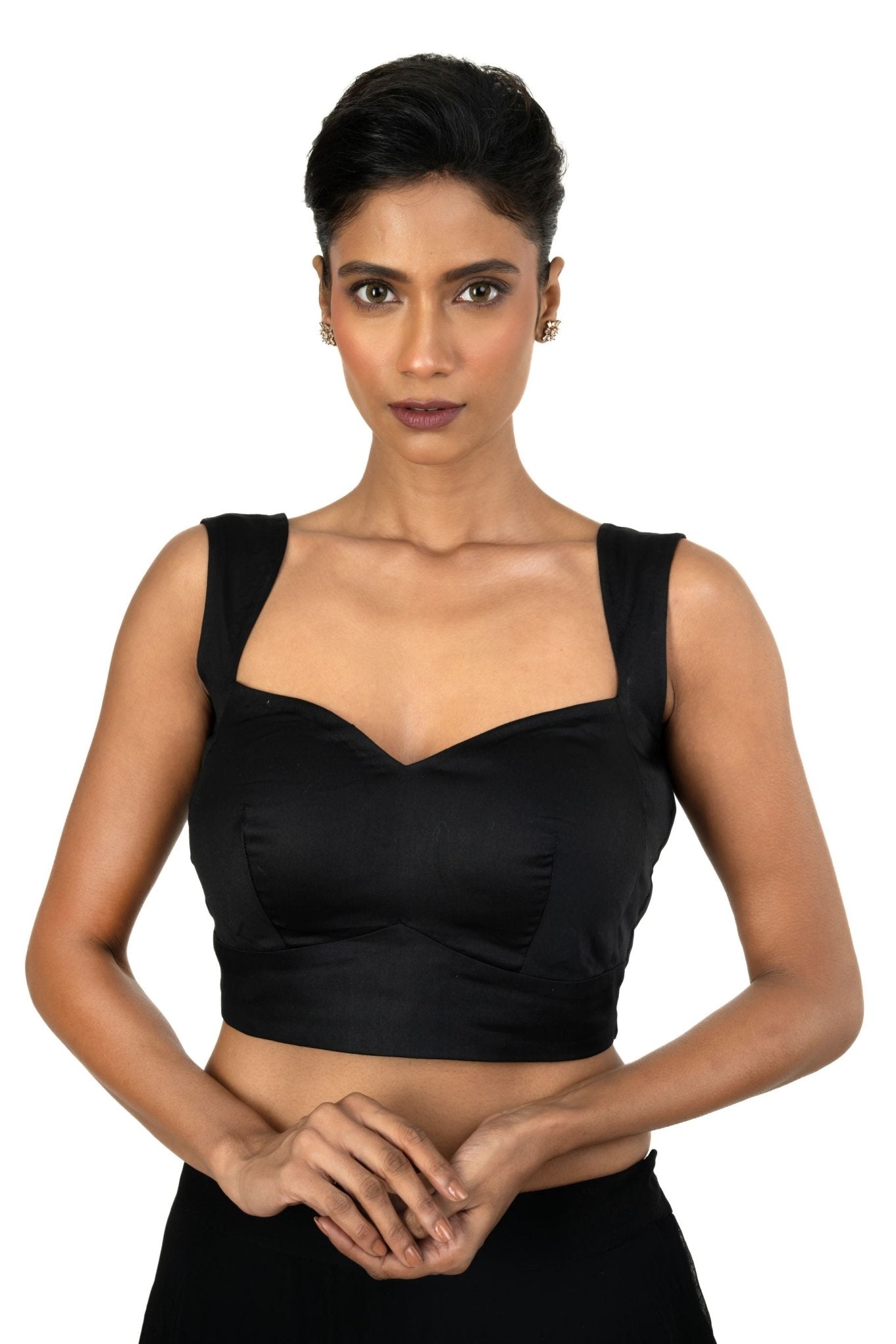 Black Cotton Silk Sleeveless Blouse with Queen Anne Neckline - Anvi Couture