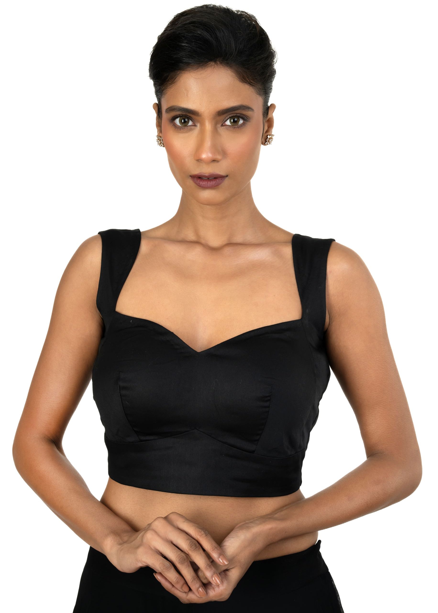 Black Cotton Silk  Sleeveless Blouse with  Queen Anne Neckline - image 1