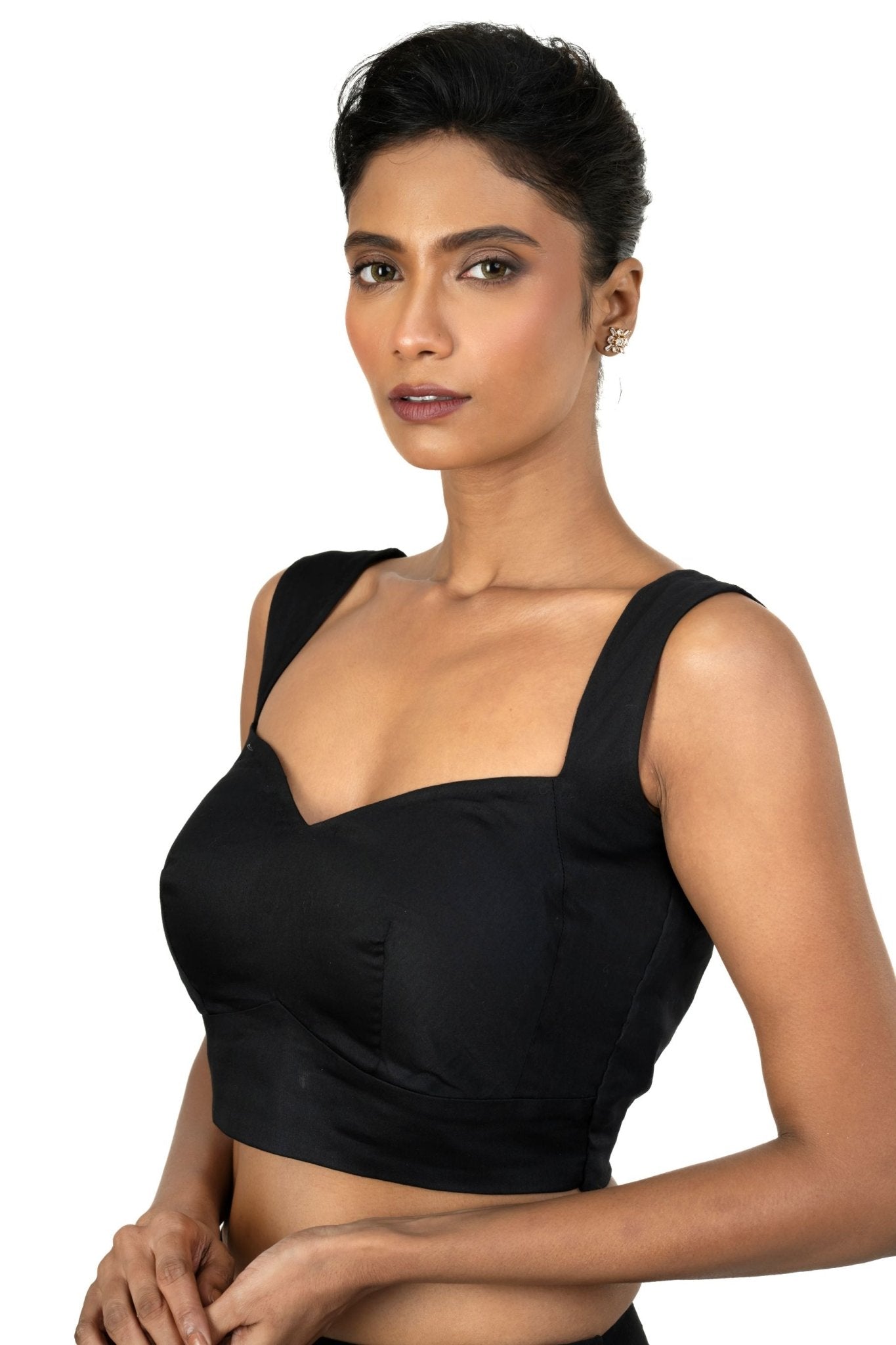 Black Cotton Silk Sleeveless Blouse with Queen Anne Neckline - Anvi Couture