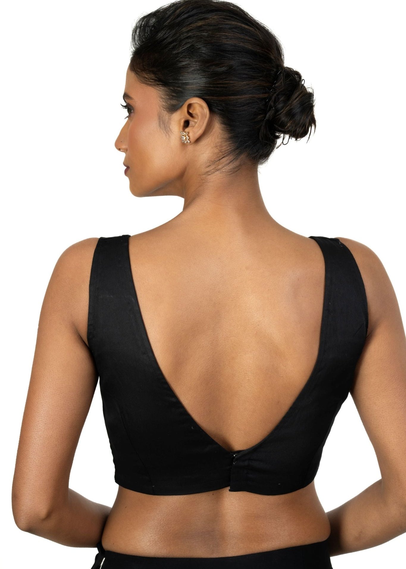 Black Sleeveless Blouse with Front and Back V Neckline - Anvi Couture