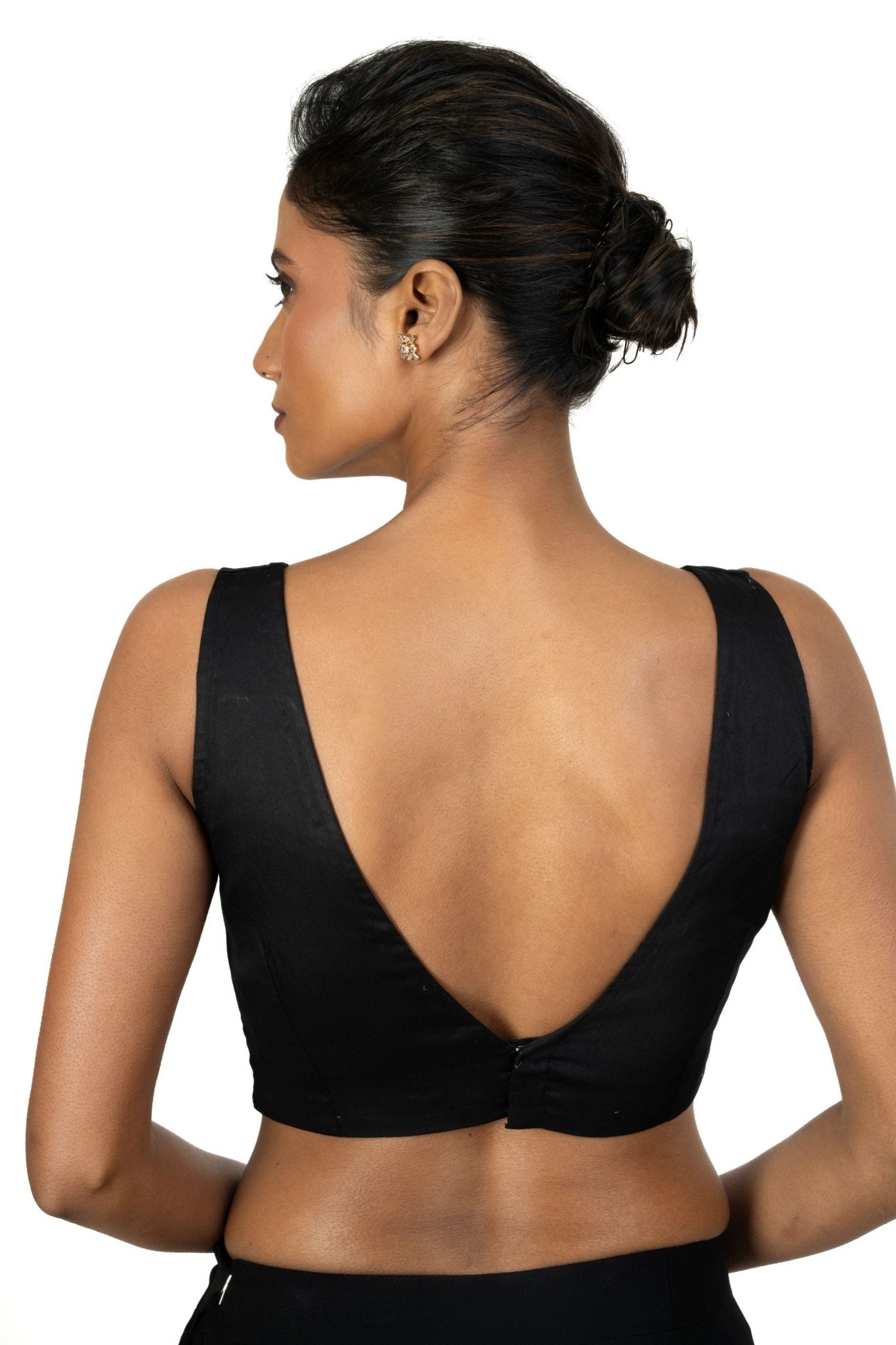 Black Sleeveless Blouse with Front and Back V Neckline - Anvi Couture
