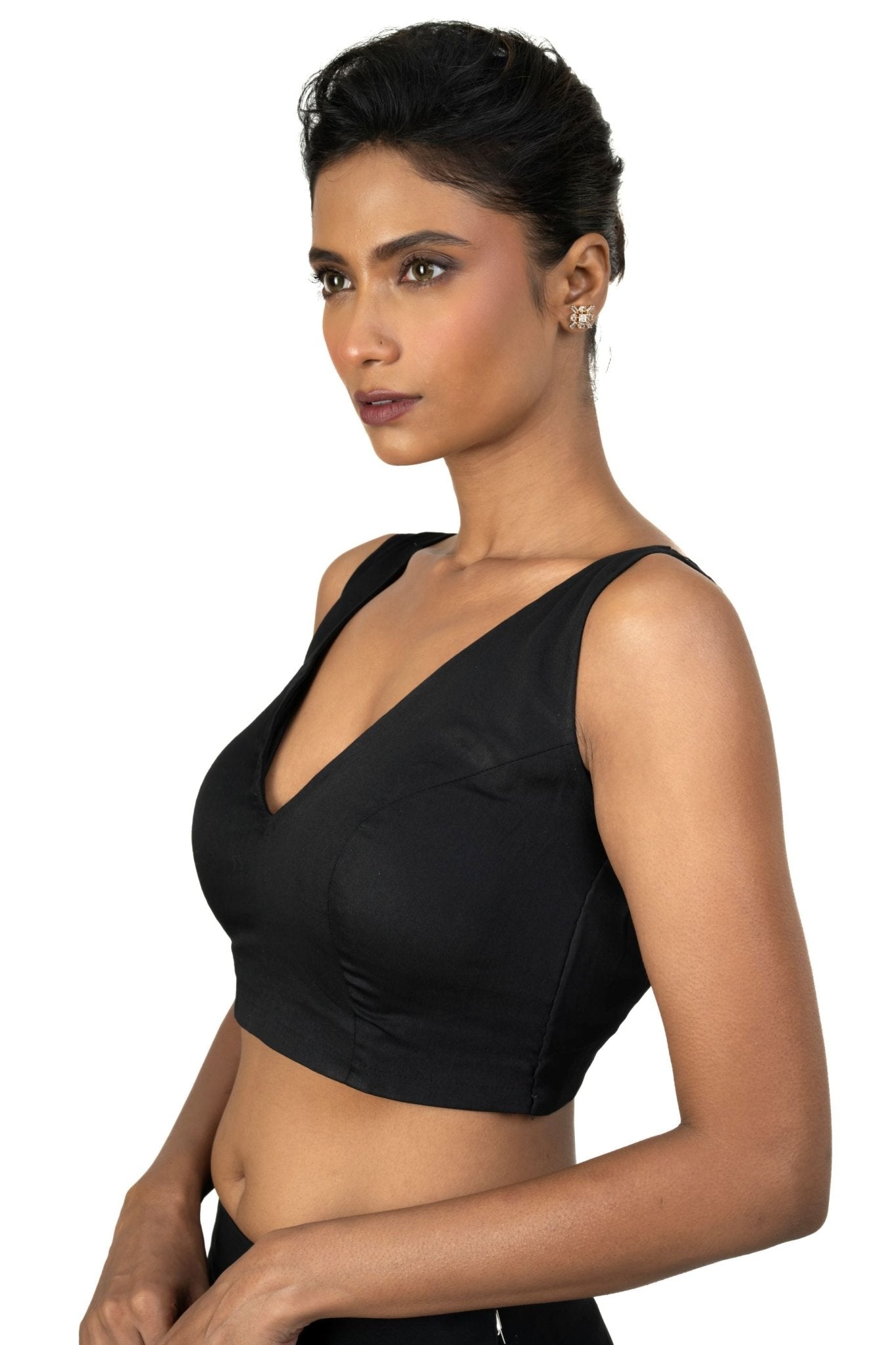 Black Sleeveless Blouse with Front and Back V Neckline - Anvi Couture