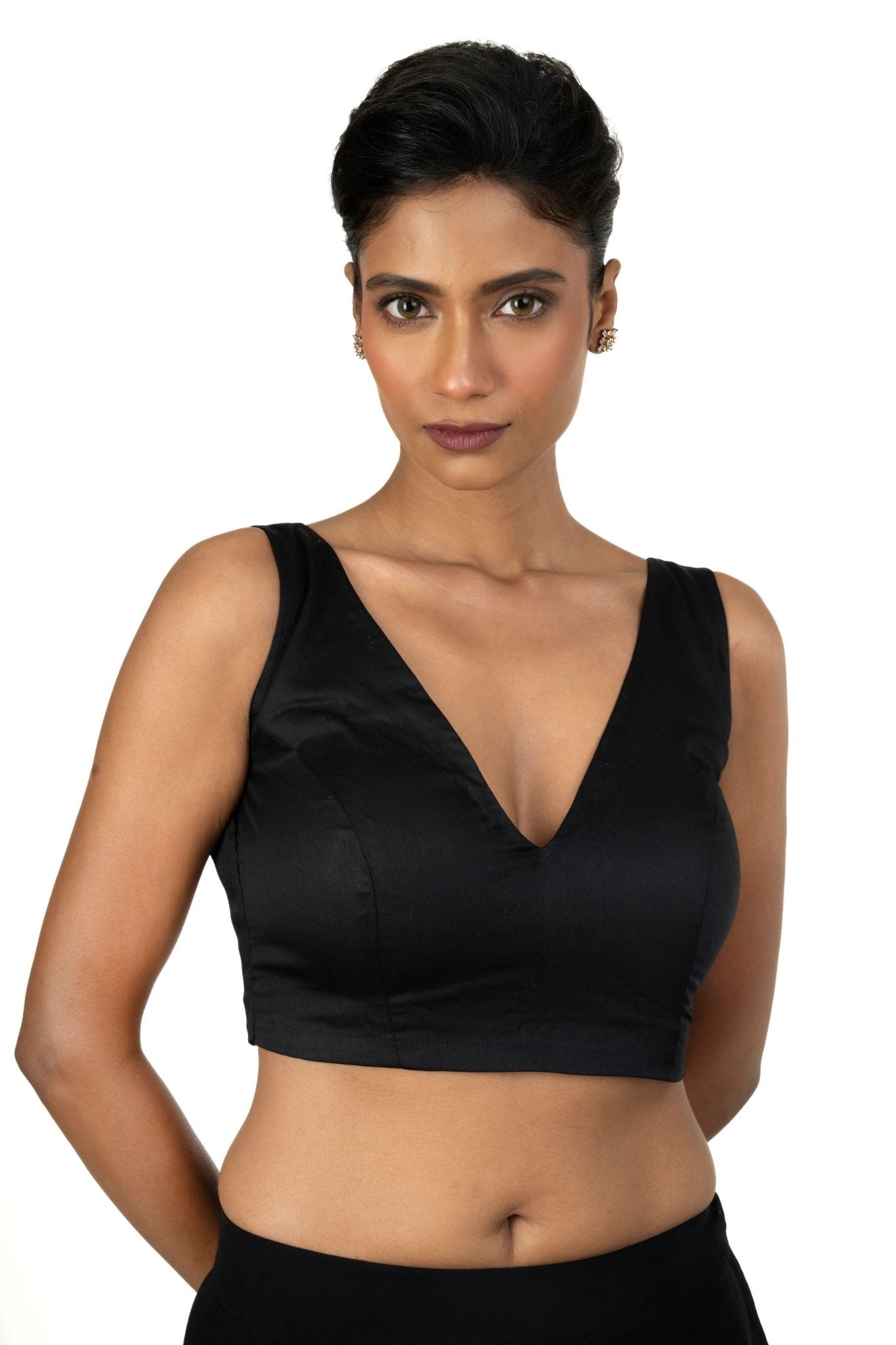 Black Sleeveless Blouse with Front and Back V Neckline - Anvi Couture
