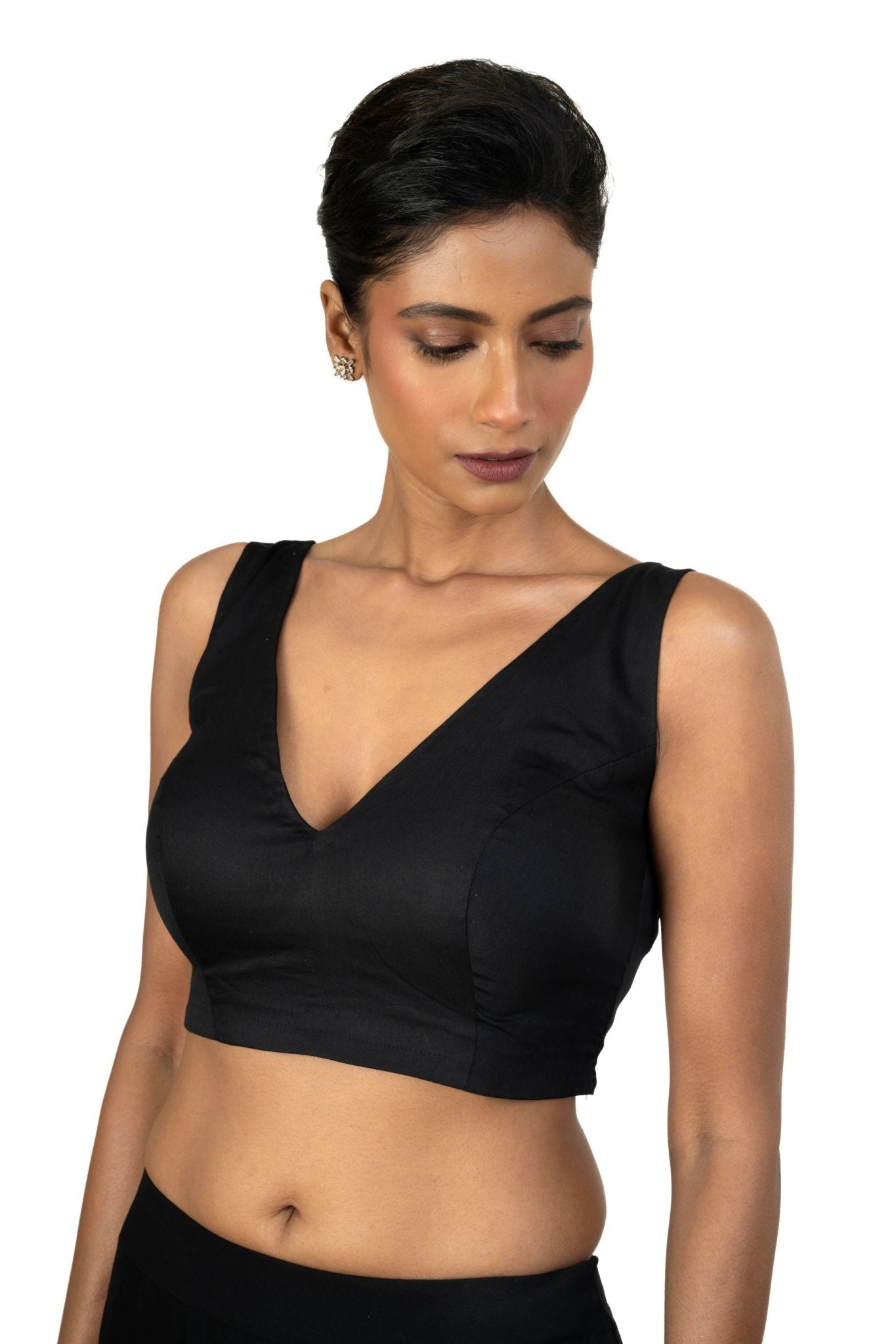 Black Sleeveless Blouse with Front and Back V Neckline - Anvi Couture