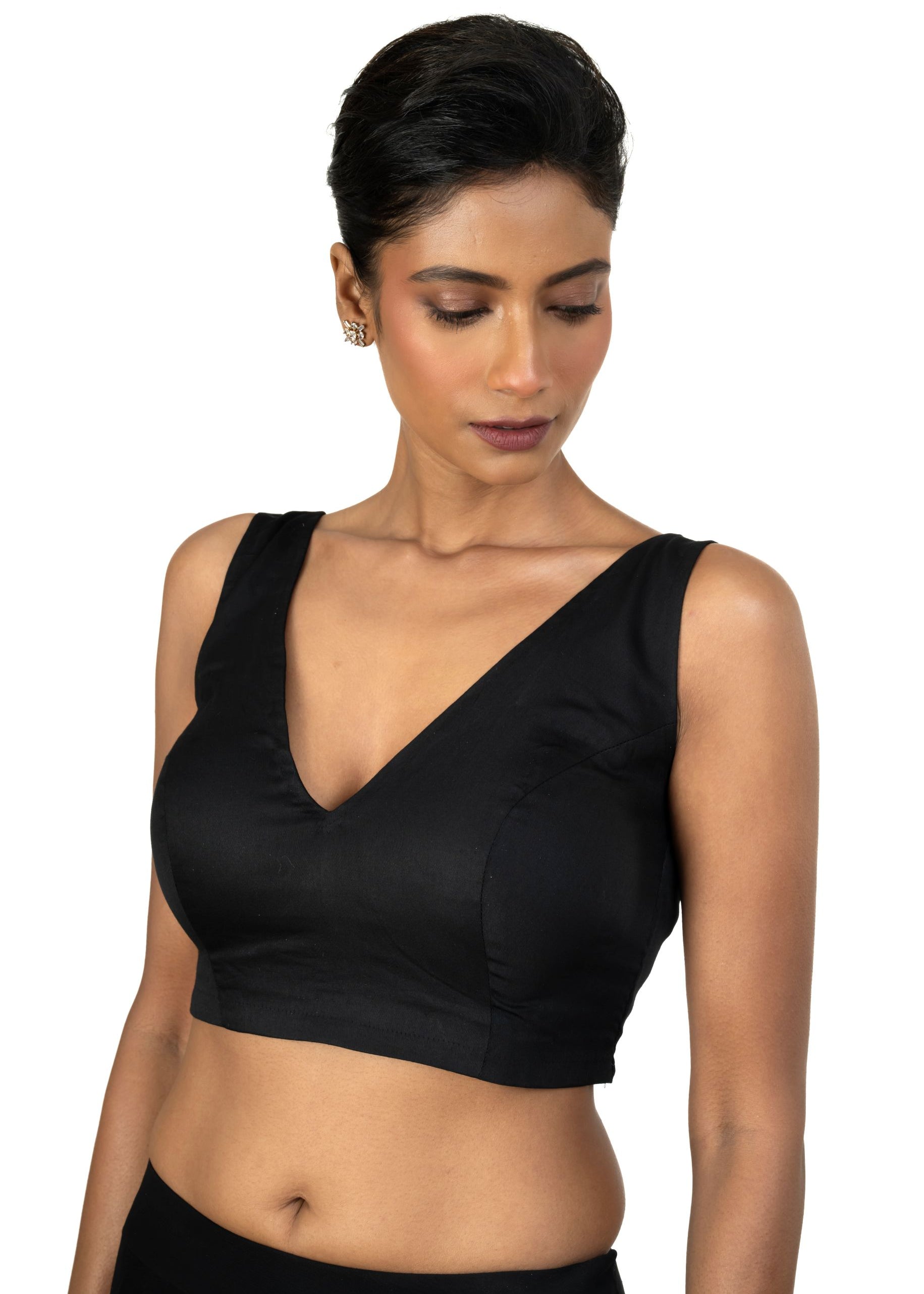 Black Sleeveless blouse with Front and Back V Neckline - image 2