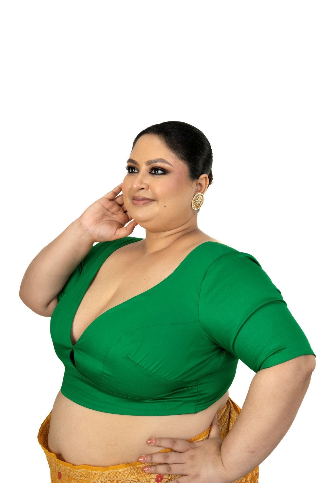 Green Queen Anne Plus Size Blouse with Elbow Sleeve - Anvi Couture
