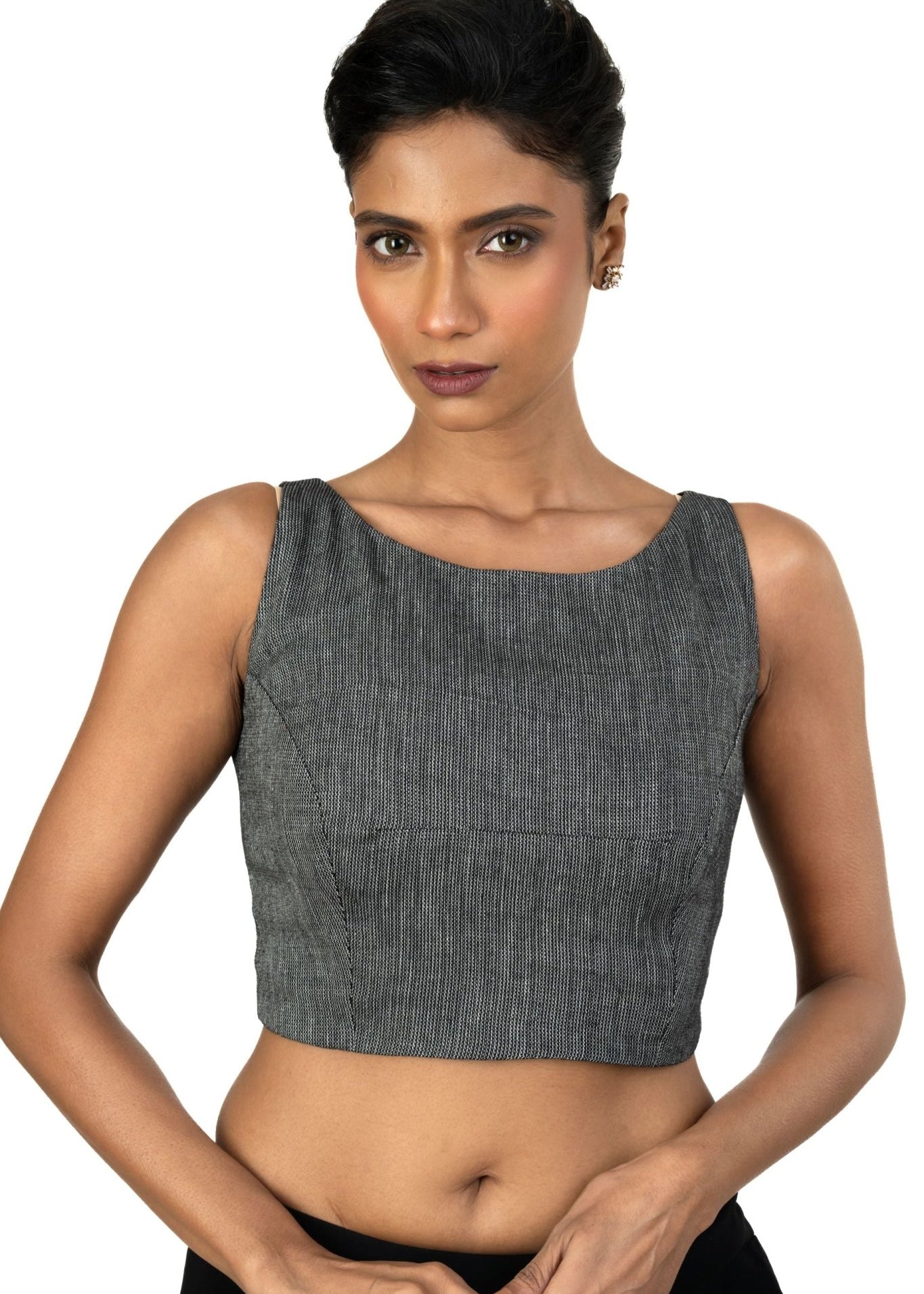 Grey Boat Neck Khadi Cotton Blouse - Anvi Couture