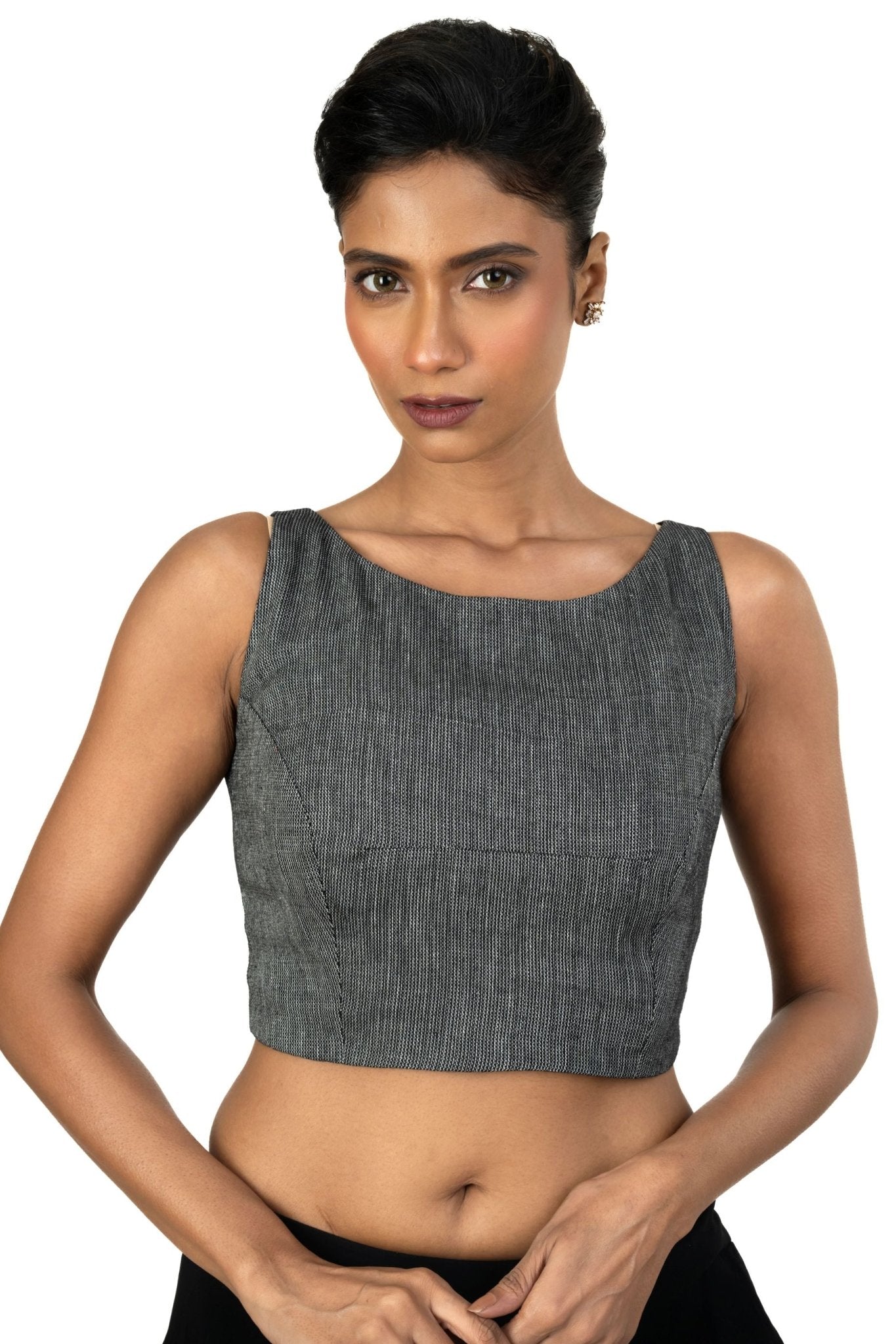 Grey Boat Neck Khadi Cotton Blouse - Anvi Couture