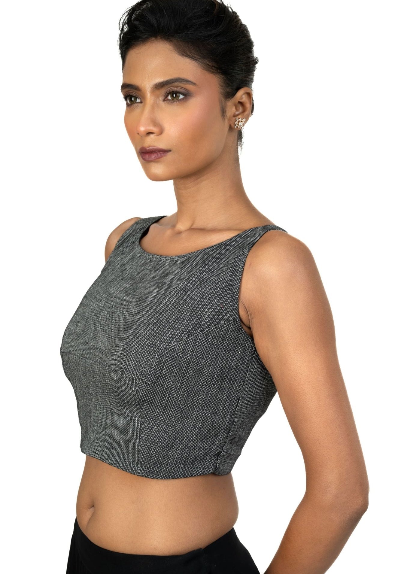 Grey Boat Neck Khadi Cotton Blouse - Anvi Couture