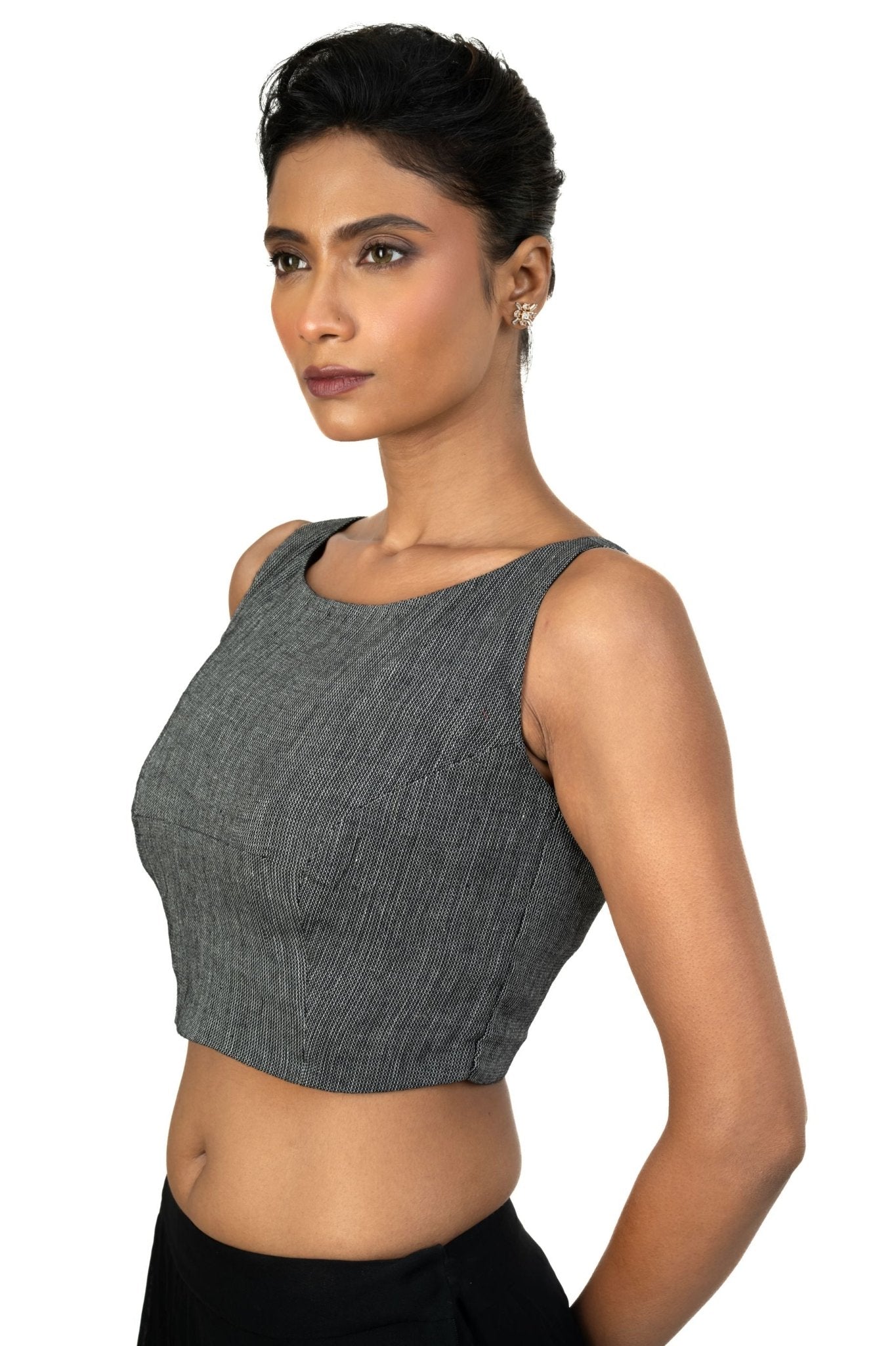 Grey Boat Neck Khadi Cotton Blouse - Anvi Couture