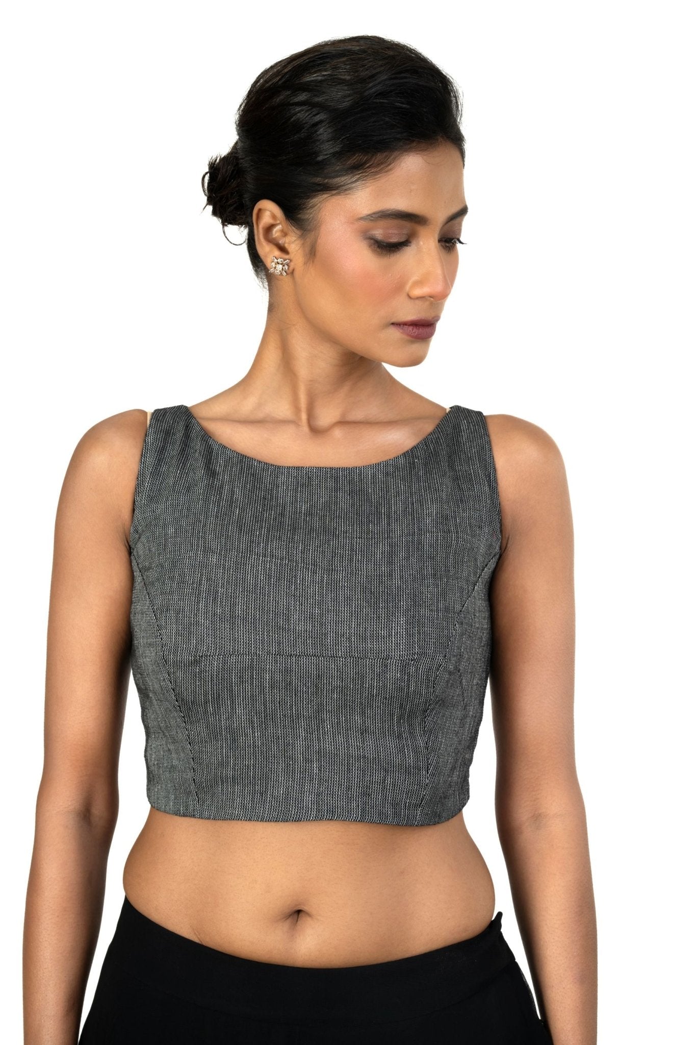 Grey Boat Neck Khadi Cotton Blouse - Anvi Couture