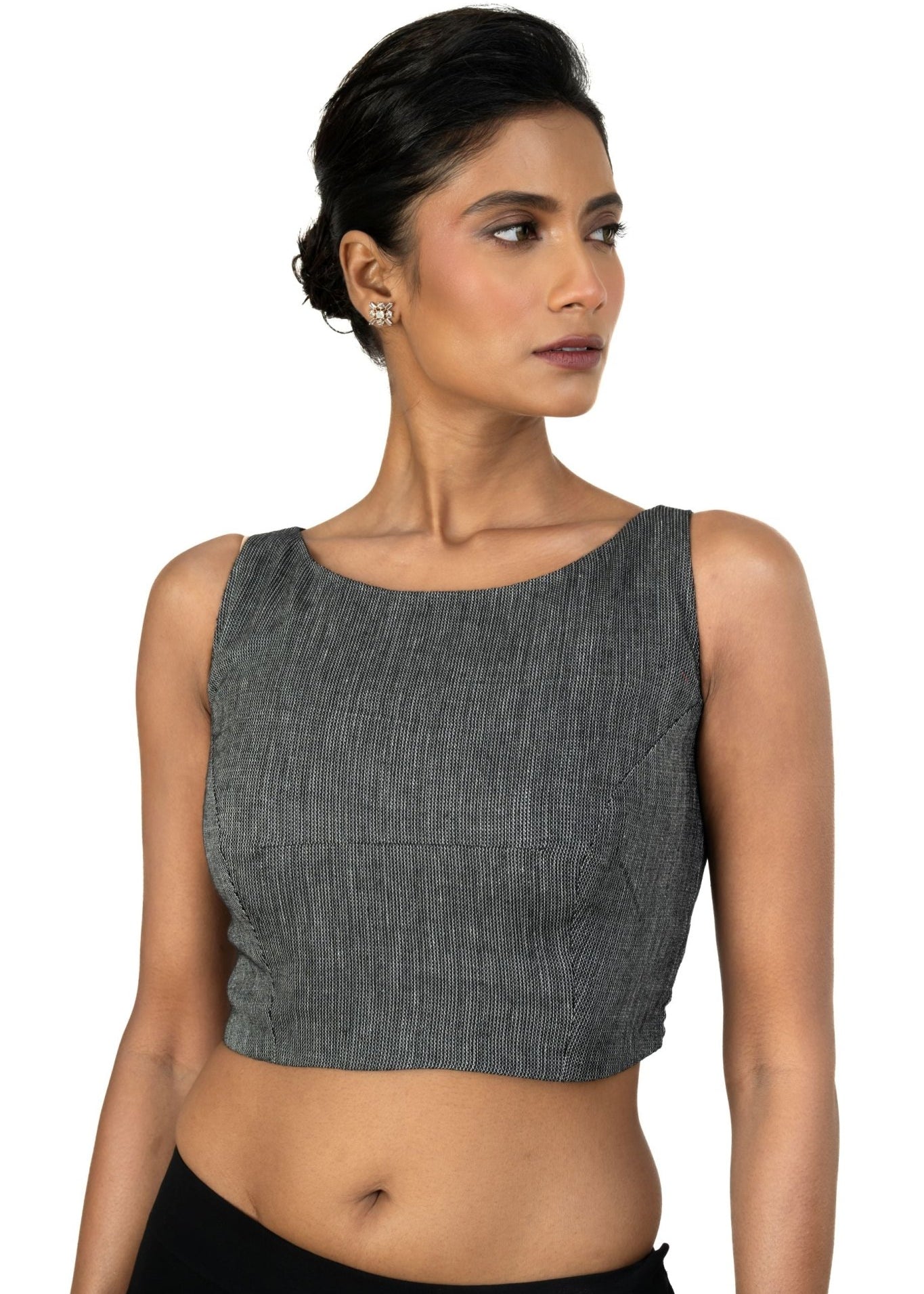 Grey Boat Neck Khadi Cotton Blouse - Anvi Couture