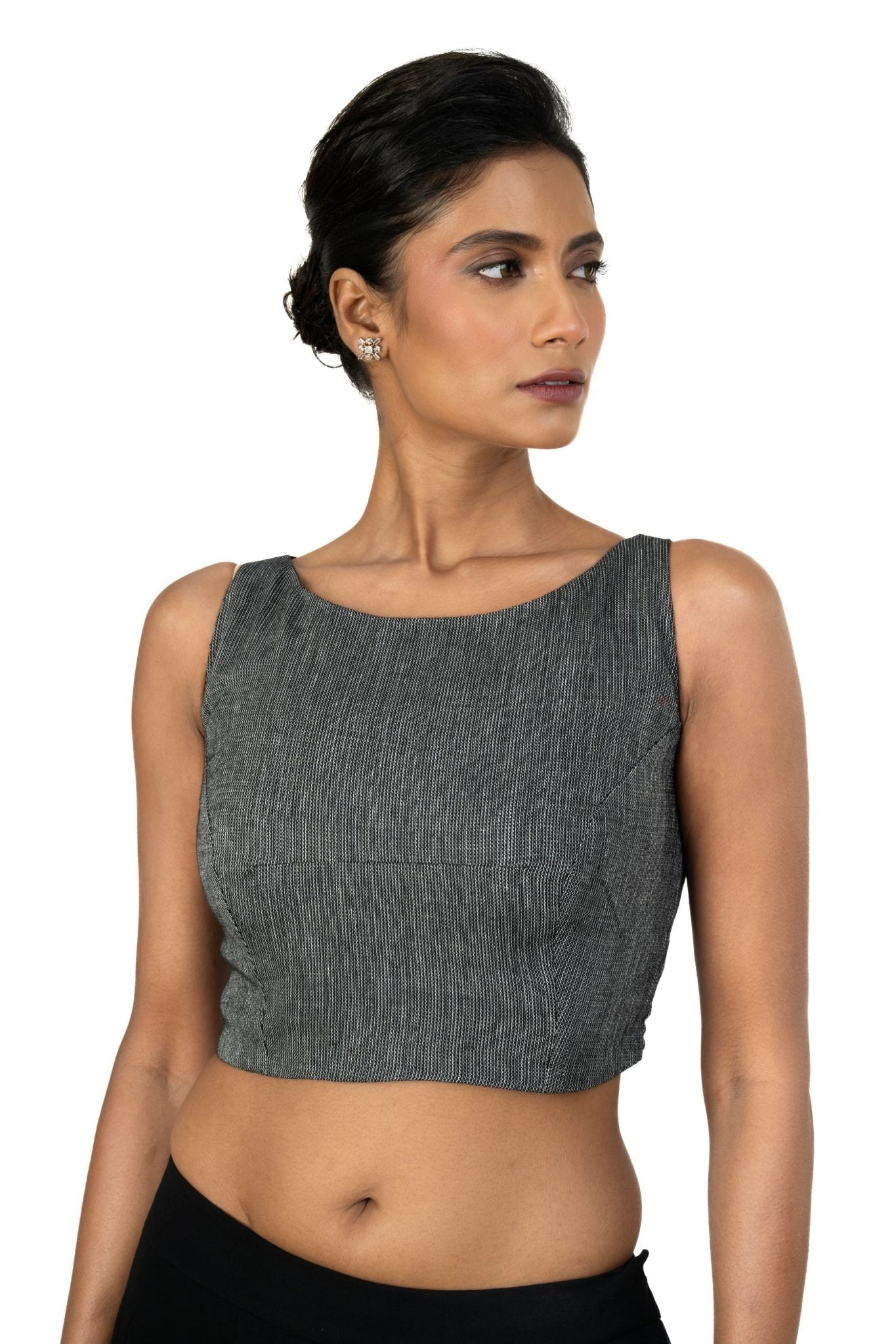 Grey Boat Neck Khadi Cotton Blouse - Anvi Couture
