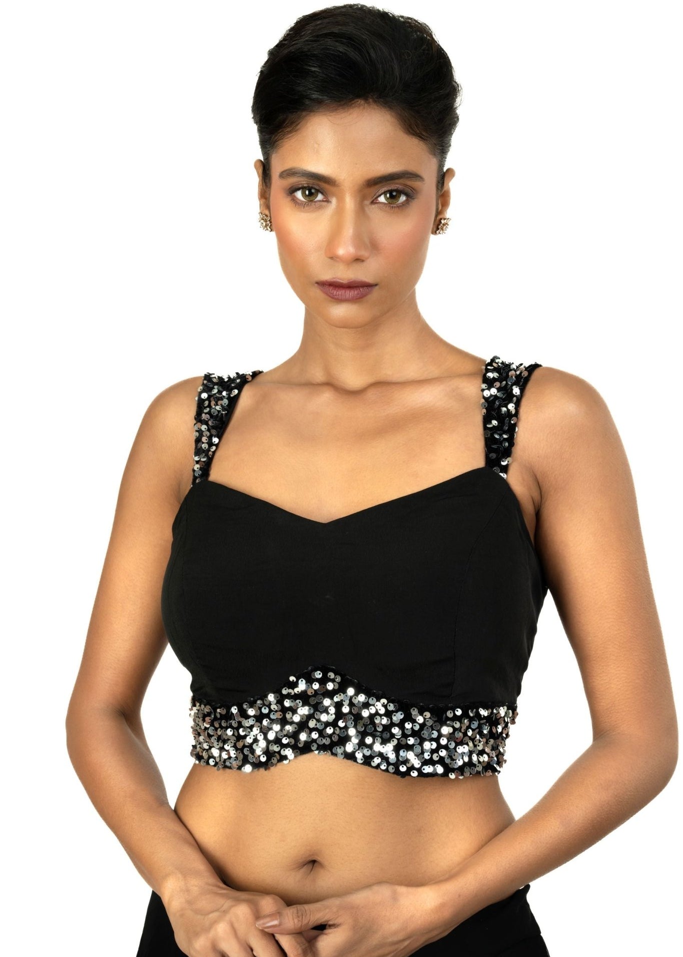 Black Sequin Sleeveless Blouse with Sweet Heart Neckline - Anvi Couture