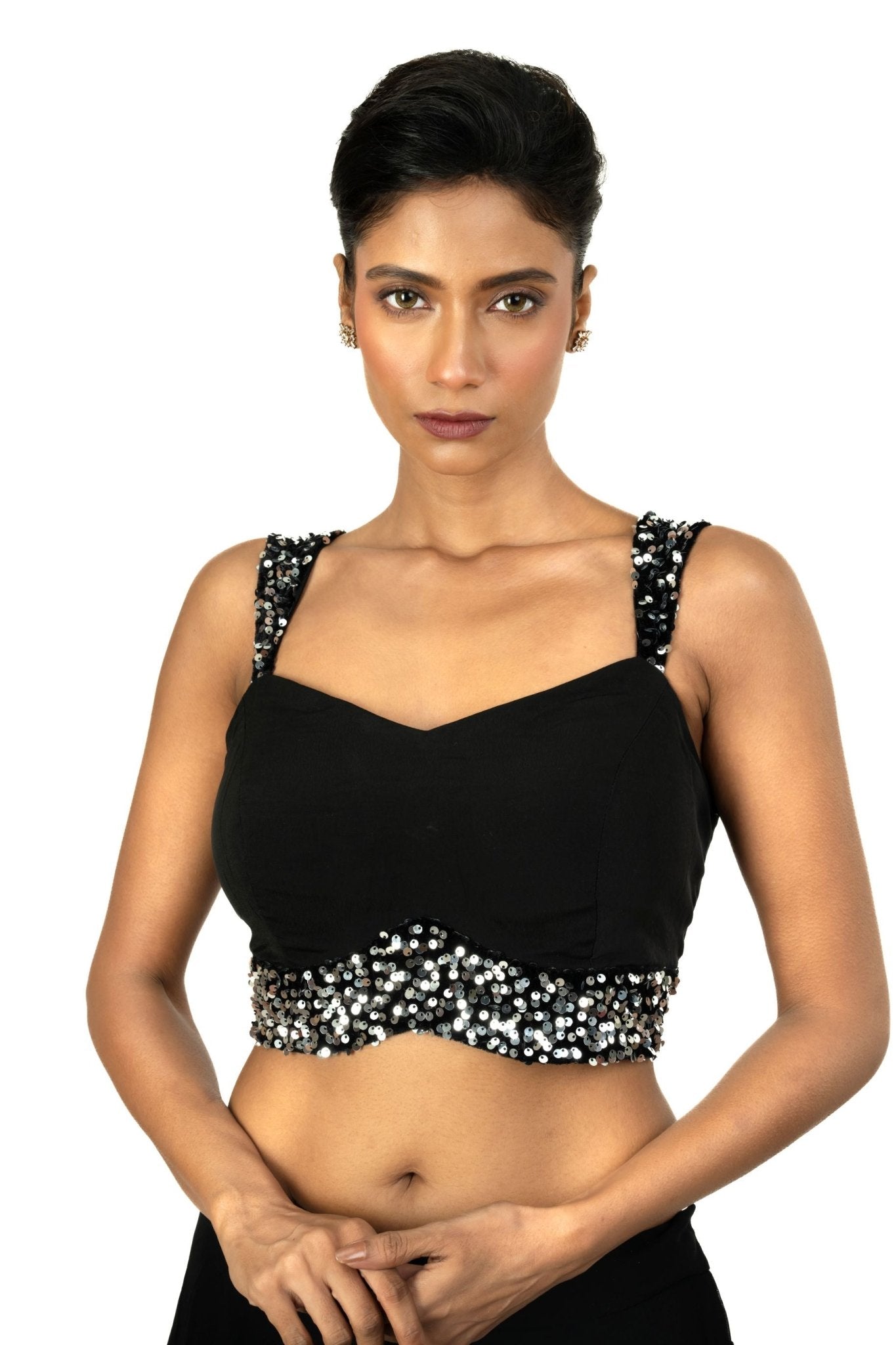 Black Sequin Sleeveless Blouse with Sweet Heart Neckline - Anvi Couture