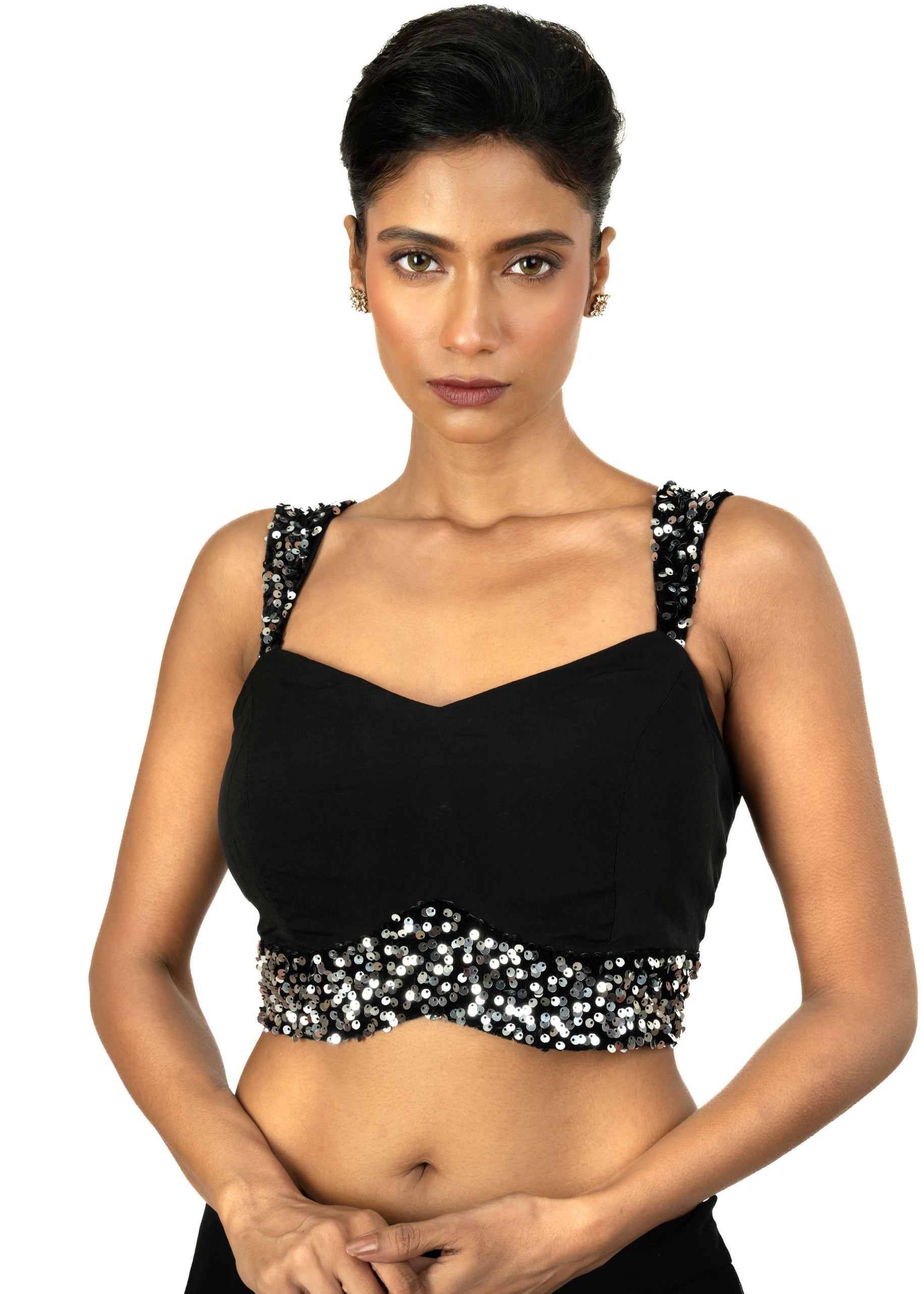 Black Sequin Sleeveless Blouse with Sweet Heart Neckline - image 1