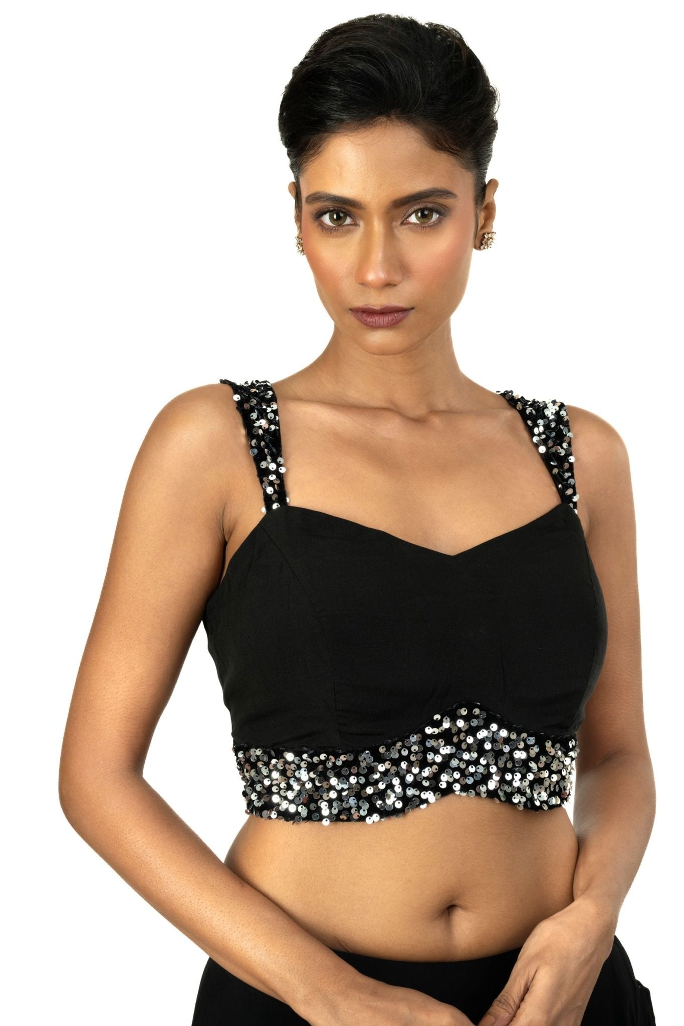 Black Sequin Sleeveless Blouse with Sweet Heart Neckline - Anvi Couture