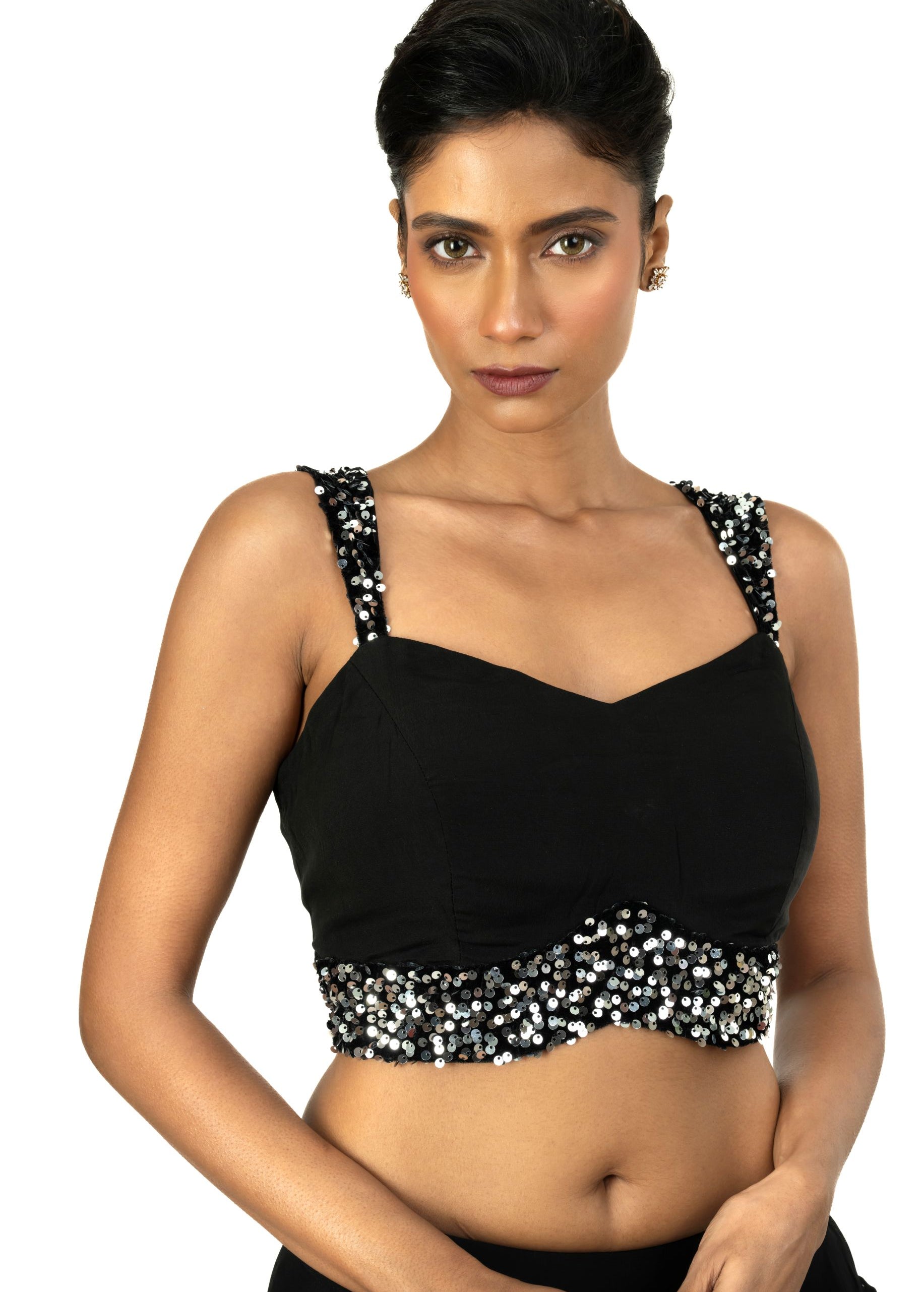 Black Sequin Sleeveless Blouse with Sweet Heart Neckline - image 2
