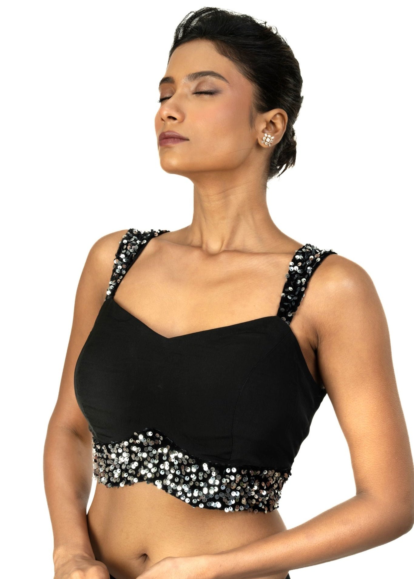 Black Sequin Sleeveless Blouse with Sweet Heart Neckline - Anvi Couture