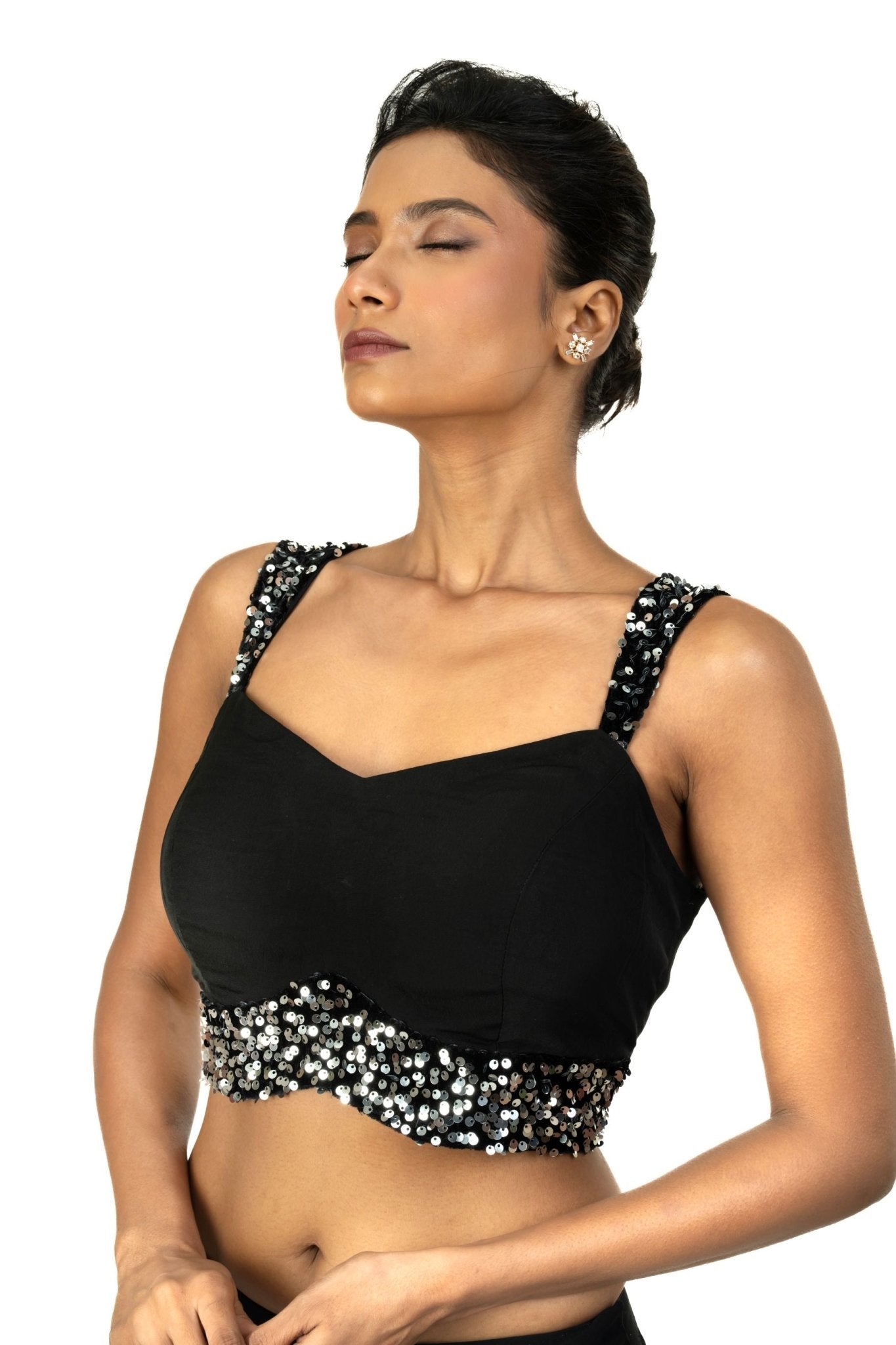 Black Sequin Sleeveless Blouse with Sweet Heart Neckline - Anvi Couture
