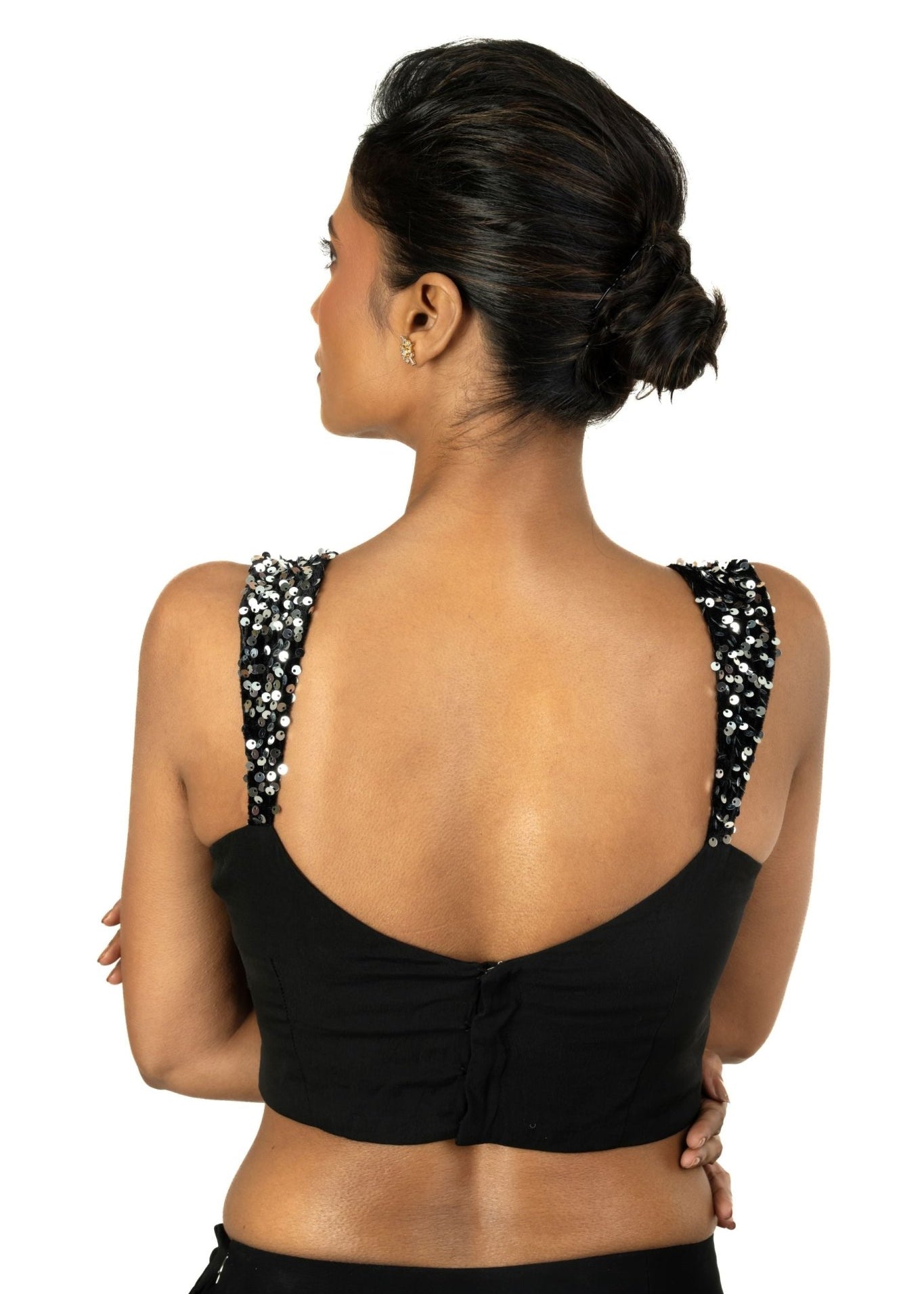 Black Sequin Sleeveless Blouse with Sweet Heart Neckline - Anvi Couture