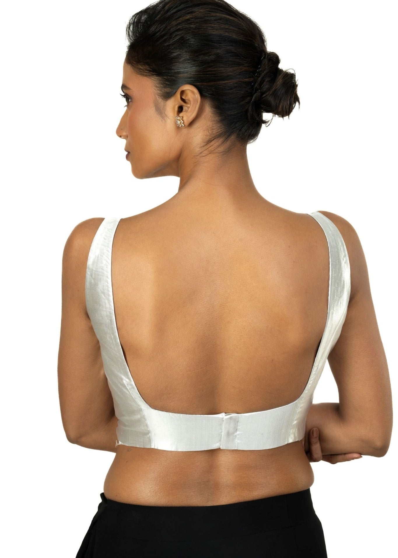 Silver Tissue Silk Blouse with Square Neckline with Back Closer - Anvi Couture