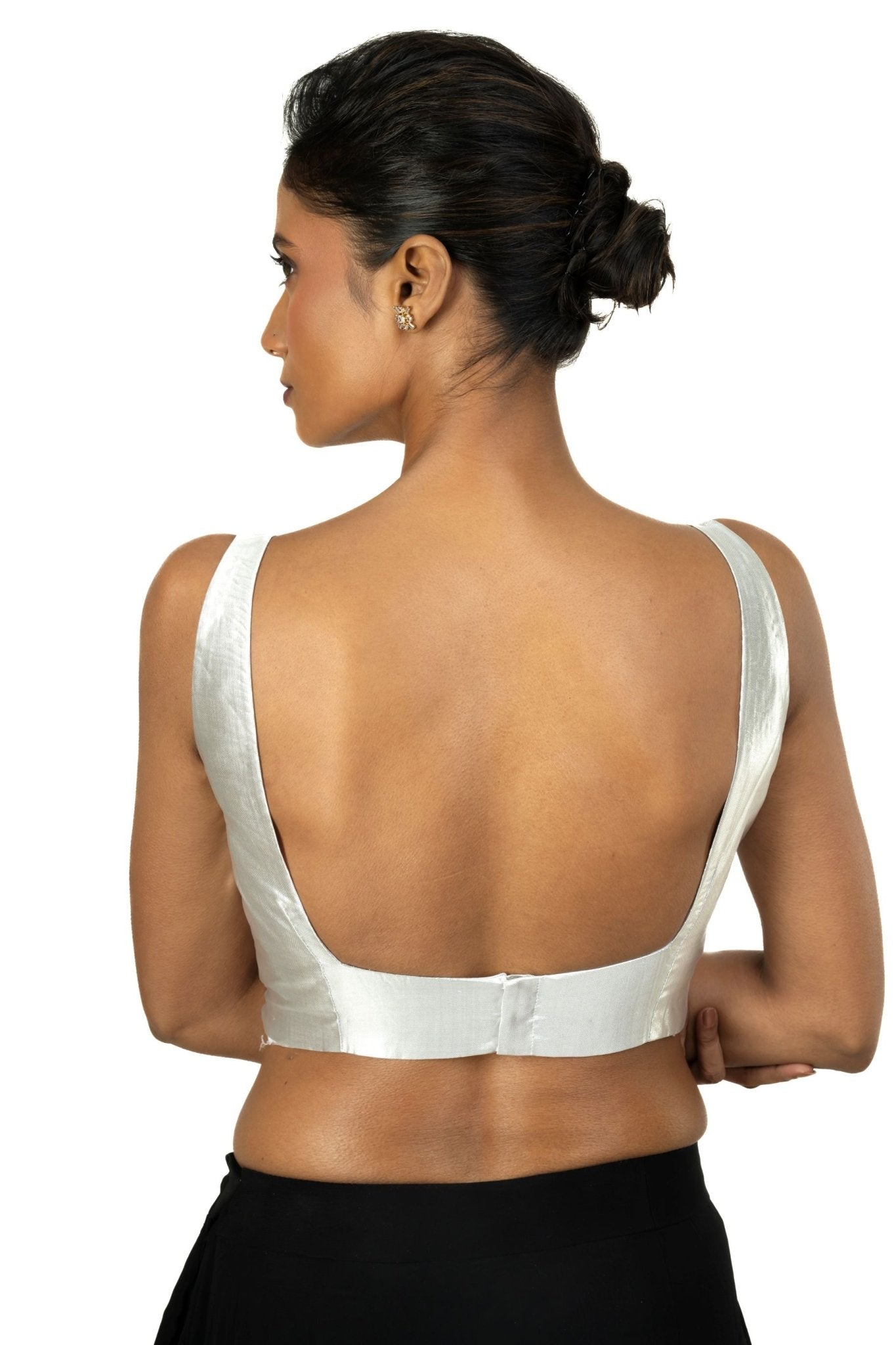 Silver Tissue Silk Blouse with Square Neckline with Back Closer - Anvi Couture