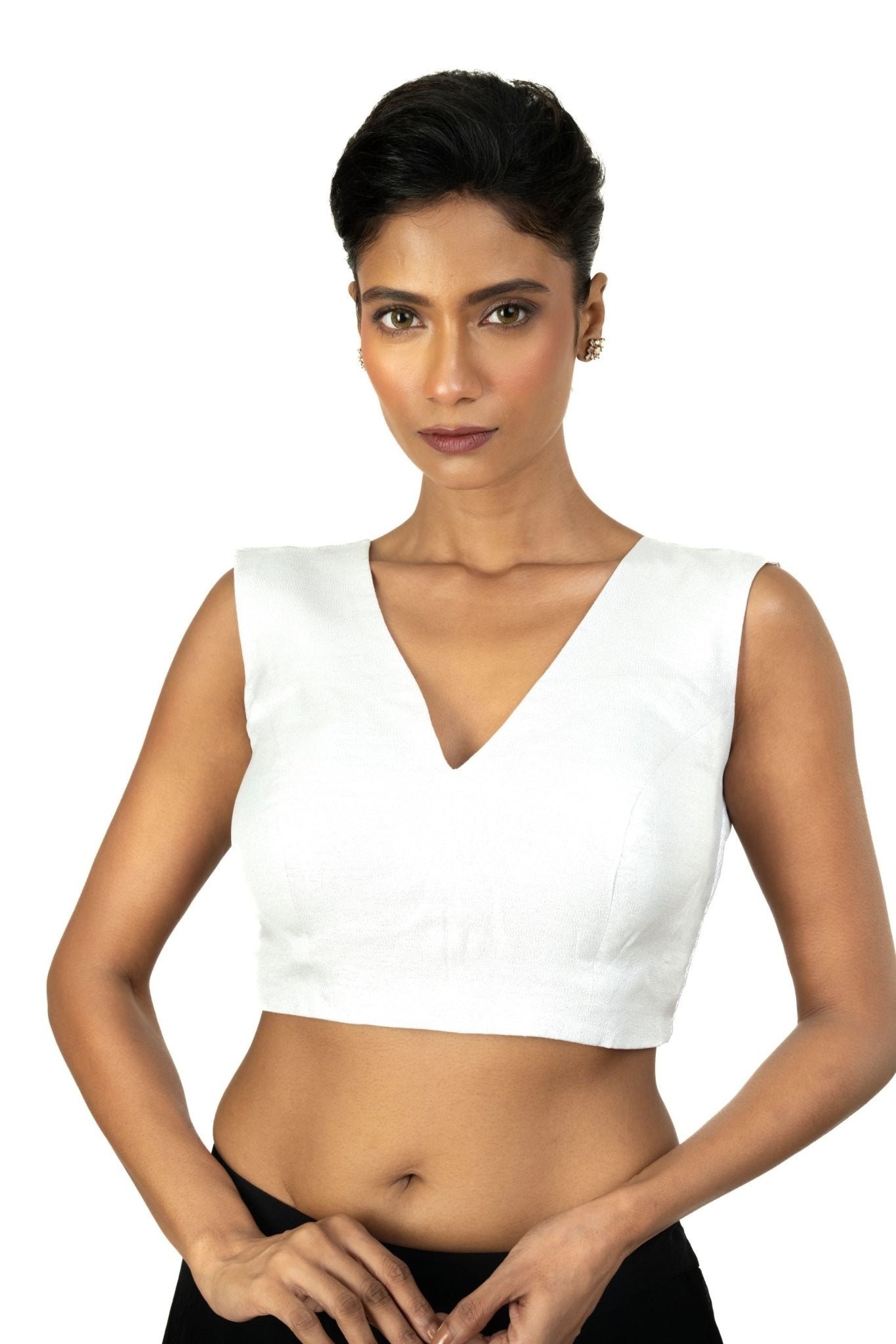Silver Tissue Silk Blouse with V Neckline with Back Closer - Anvi Couture