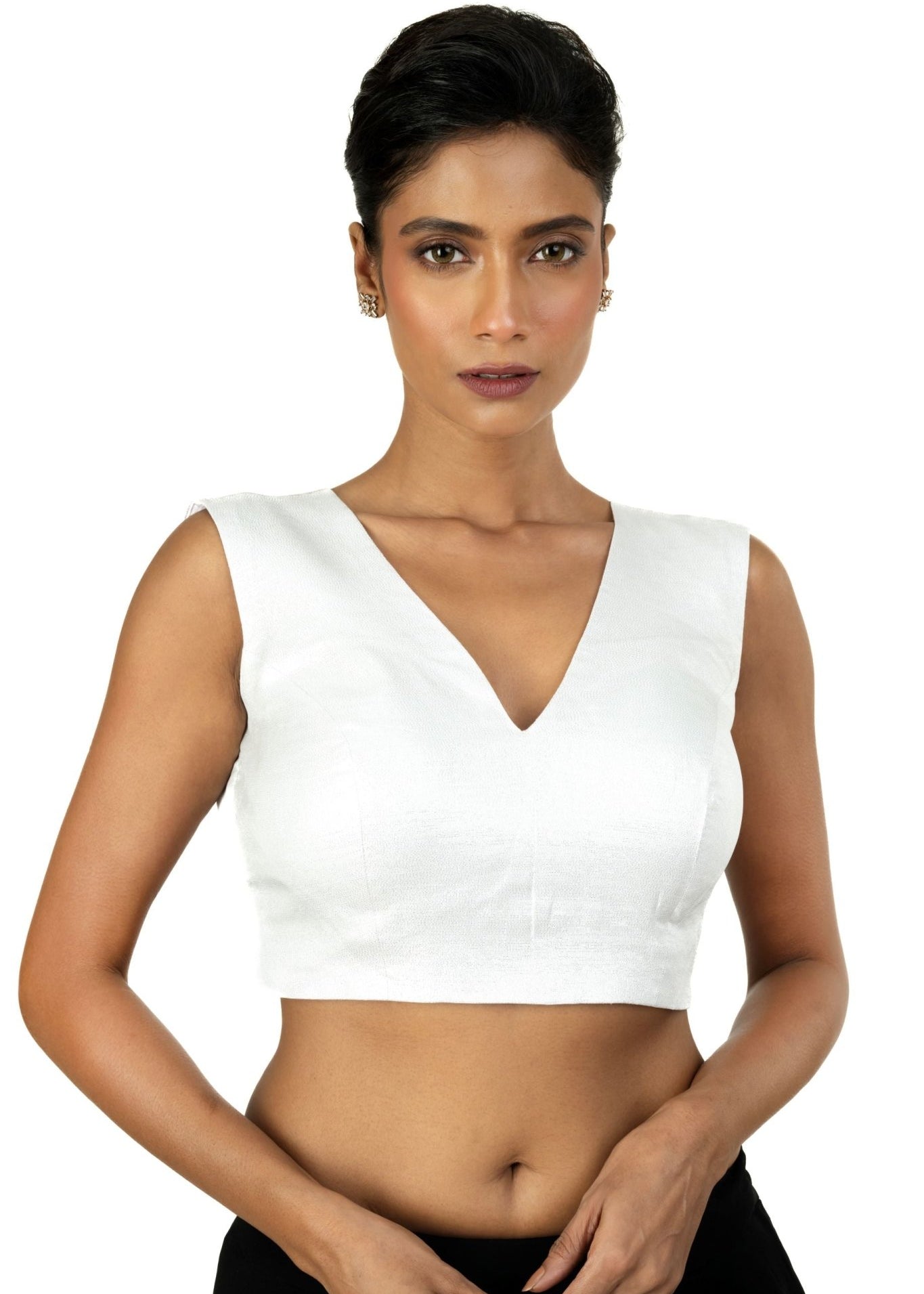 Silver Tissue Silk Blouse with V Neckline with Back Closer - Anvi Couture