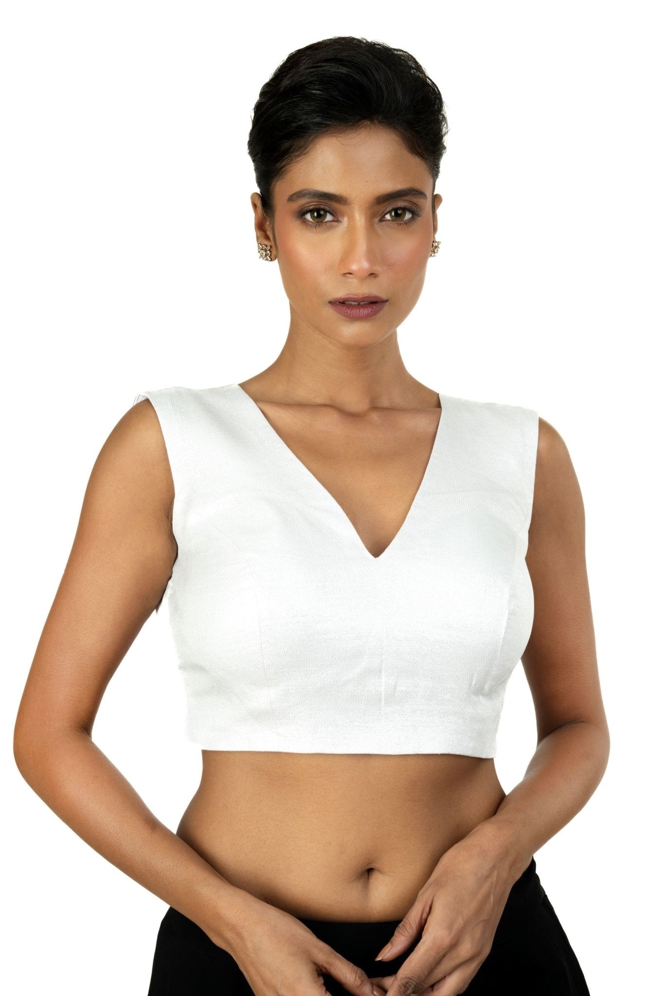 Silver Tissue Silk Blouse with V Neckline with Back Closer - Anvi Couture