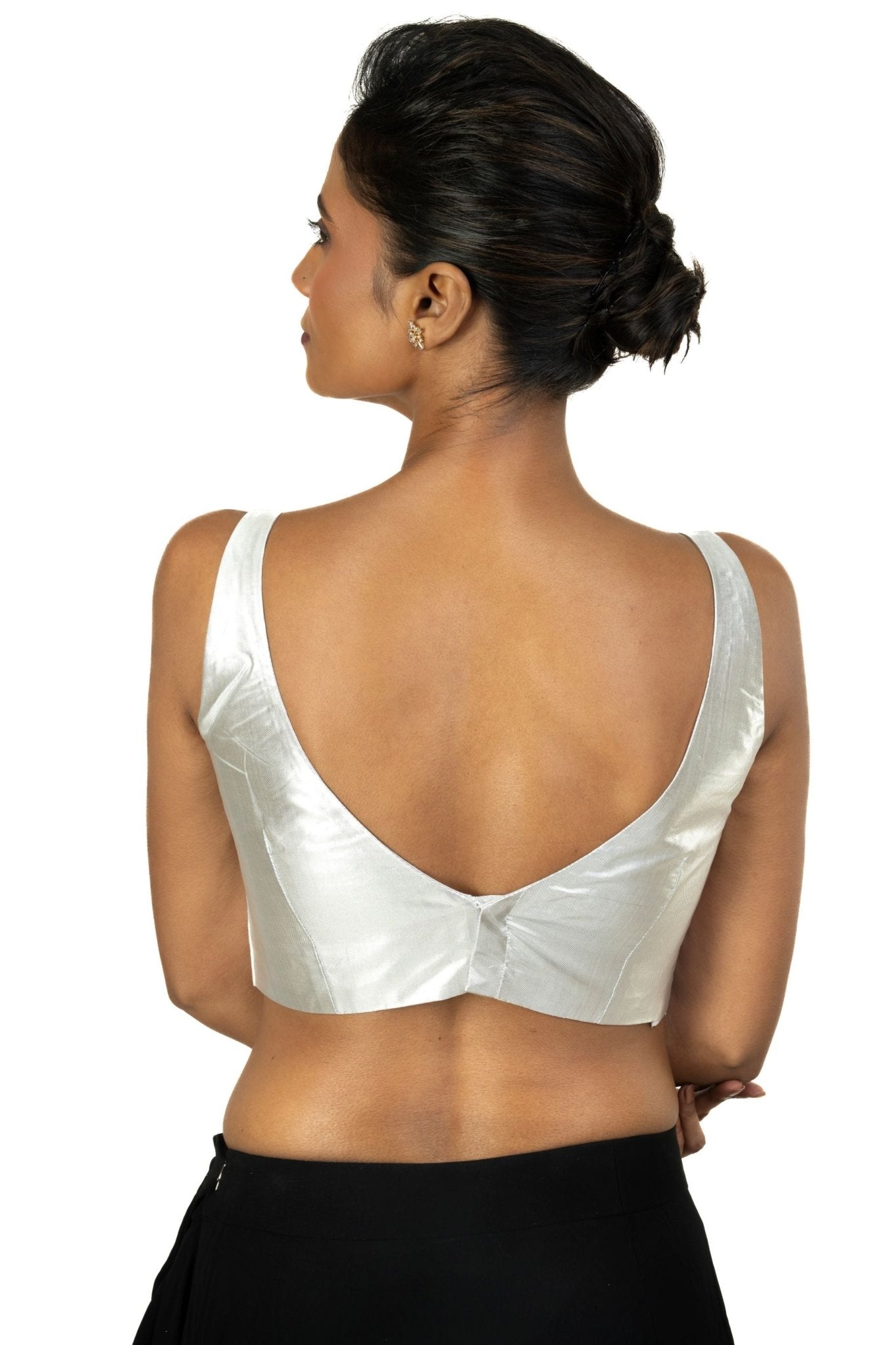 Silver Tissue Sleeveless Saree Blouse with V Neckline - Anvi Couture