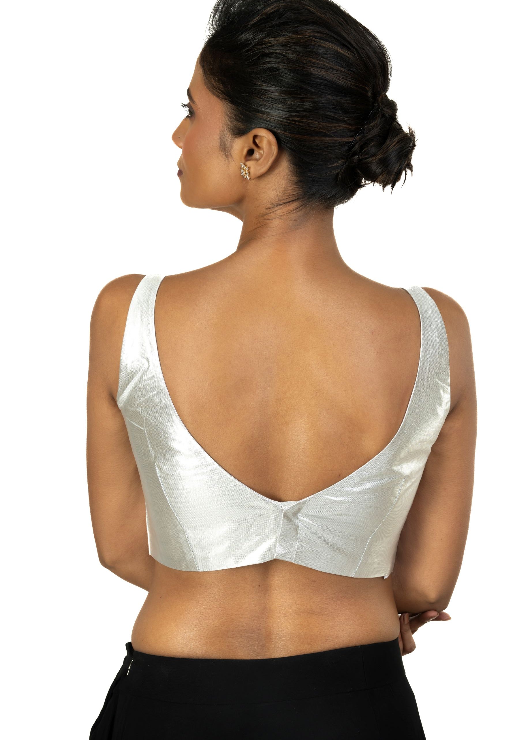 Silver Tissue Sleeveless Saree Blouse with V Neckline - image 4