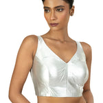 Silver Tissue Sleeveless Saree Blouse with V Neckline - image 1